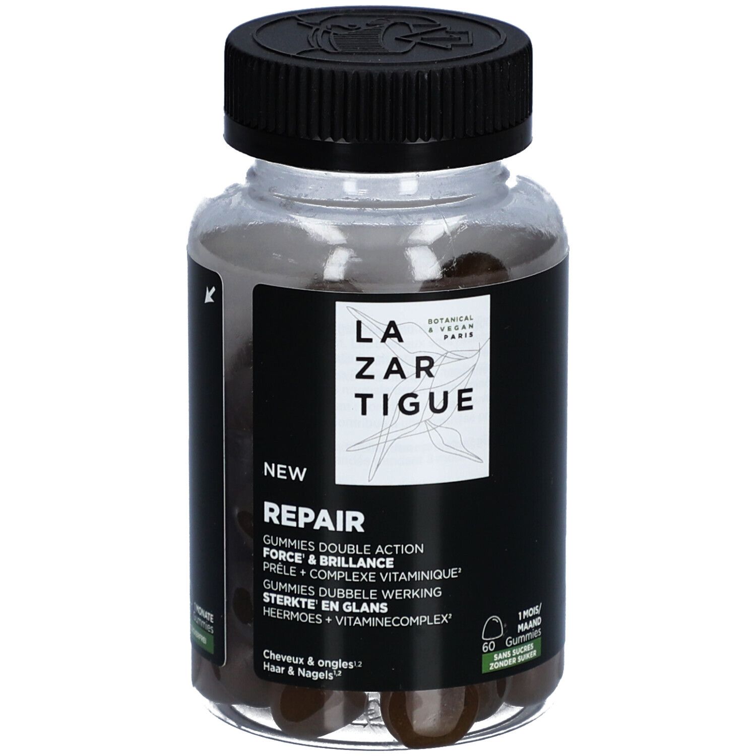 Lazartigue Repair Gummies in einer transparenten Flasche mit schwarzem Deckel. Aufschrift: Repair, 60 Gummies, ohne Zucker.