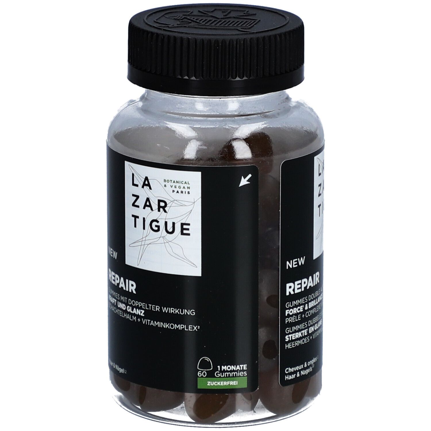 Lazartigue Repair Gummies in einer transparenten Flasche mit schwarzem Deckel. Aufschrift: Repair, 60 Gummies, zuckerfrei.