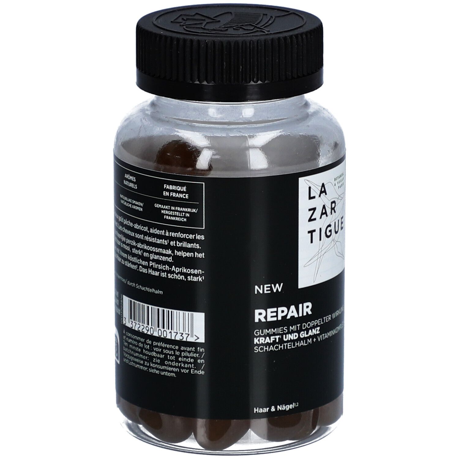 Rückseite der Lazartigue Repair Gummies Flasche. Text: Repair, 60 Gummies, ohne Zucker. Hergestellt in Frankreich.