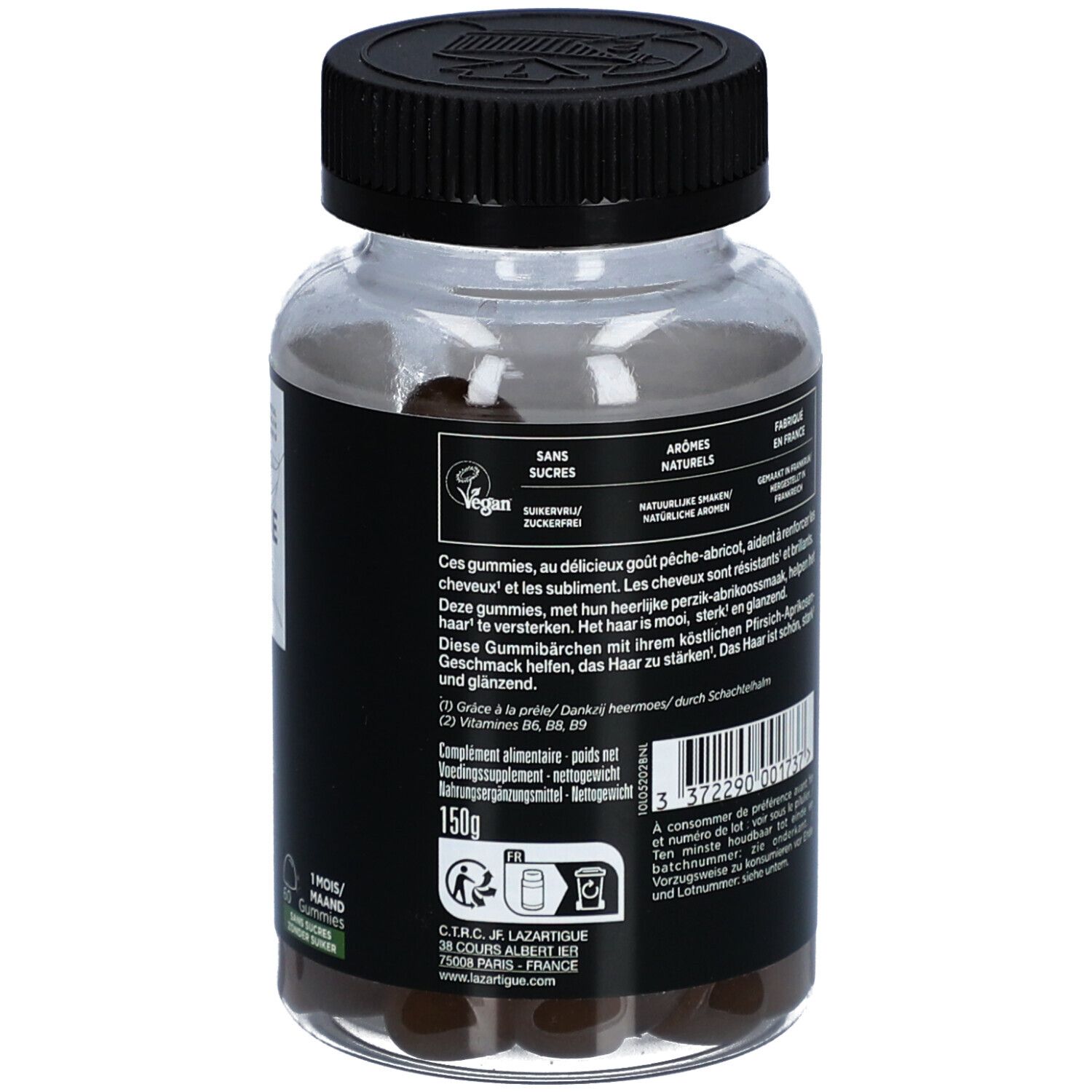 Lazartigue Repair Gummies in einer transparenten Flasche mit schwarzem Deckel. Aufschrift: Repair, 60 Gummies, vegan.