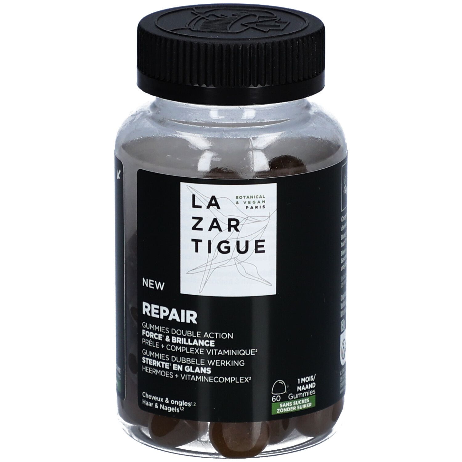 Lazartigue Repair Gummies in einer transparenten Flasche mit schwarzem Deckel. Aufschrift: Repair, 60 Gummies, ohne Zucker.