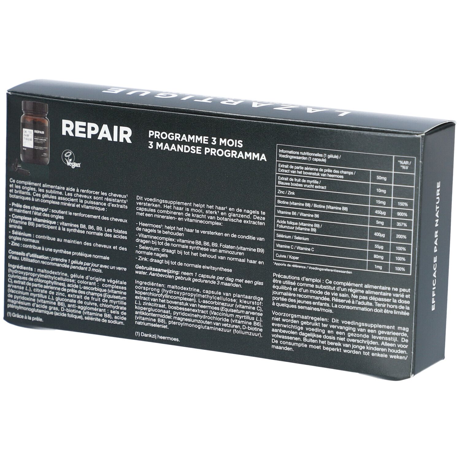 Schwarze Schachtel mit Produktinformationen. Aufschrift: Repair, 3-Monats-Programm. Vegan-Logo.