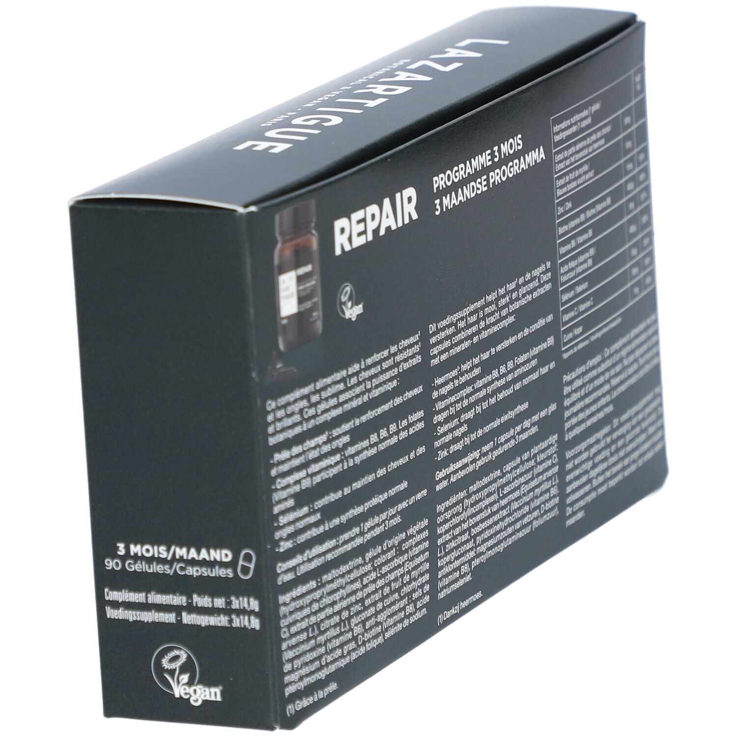 Schwarze Schachtel mit Produktinformationen. Aufschrift: Repair, 3-Monats-Programm. Vegan-Logo.
