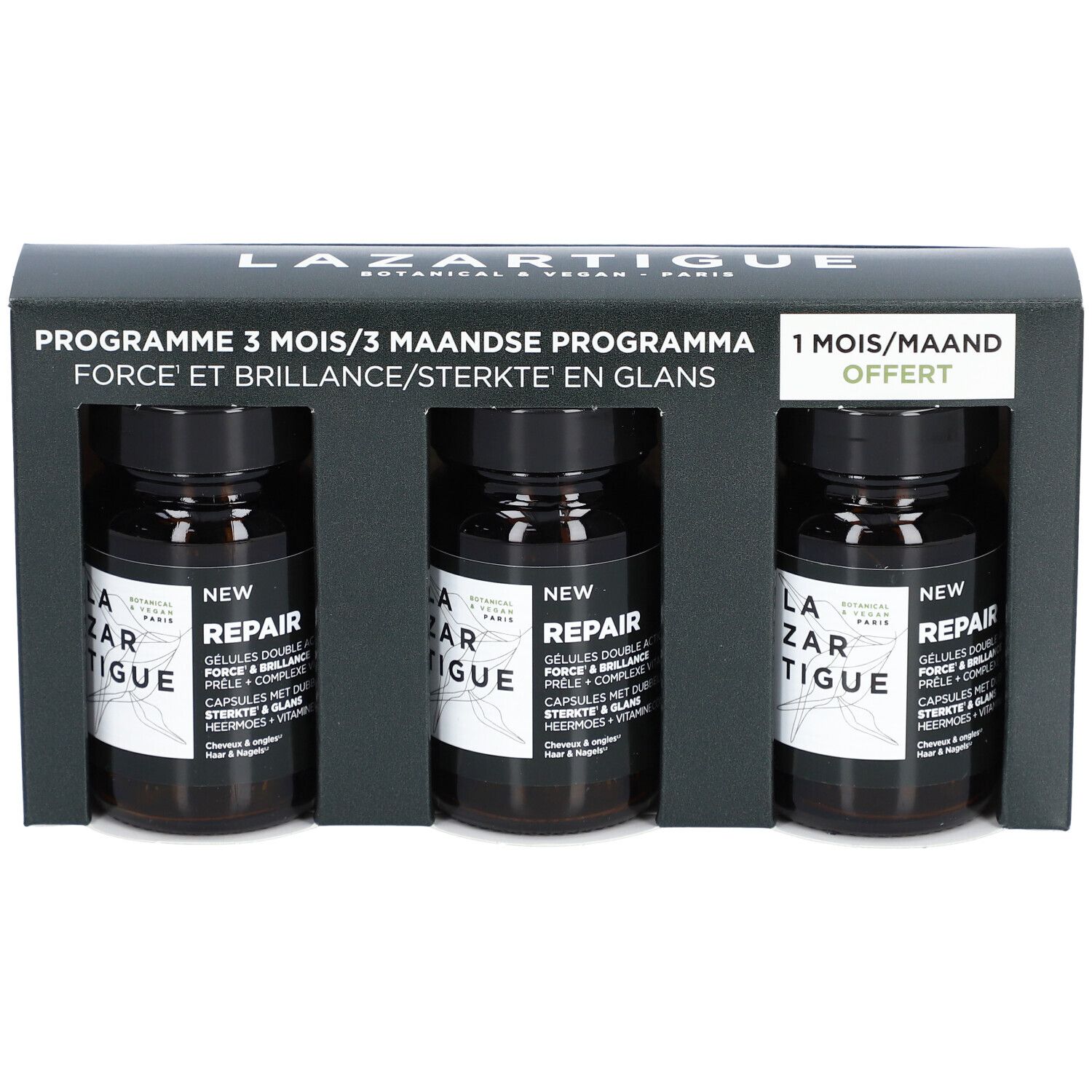 Schwarze Schachtel mit drei Flaschen. Aufschrift: Lazartigue, Repair, 3-Monats-Programm. 1 Monat gratis.
