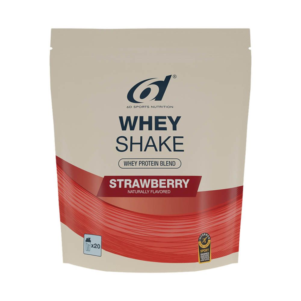 Zak 6d Sports Nutrition Whey Shake Aardbei. Rode streep, tekst: Whey Protein Blend, Aardbei, natuurlijk gearomatiseerd. x20.