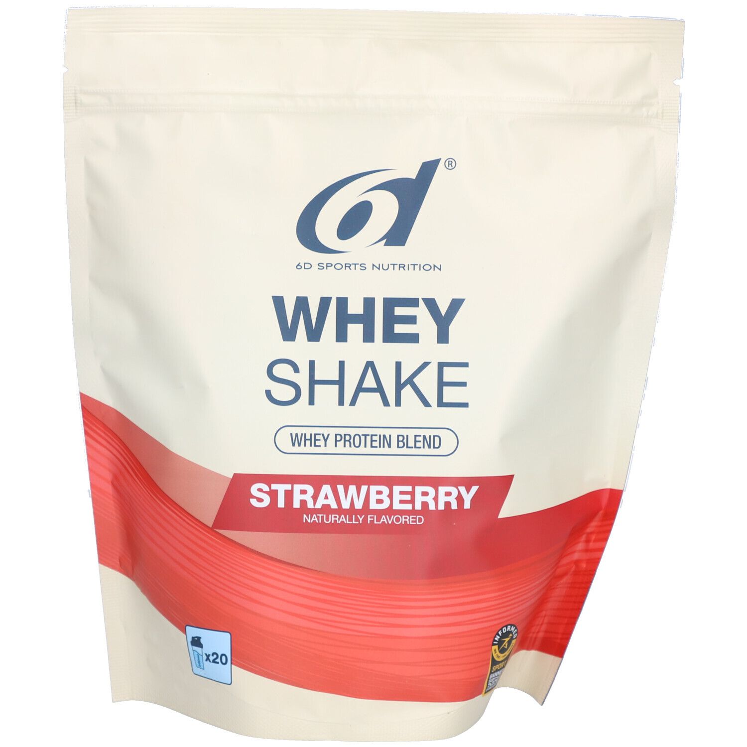 Zak 6d Sports Nutrition Whey Shake Aardbei. Rode streep, tekst: Whey Protein Blend, Aardbei, natuurlijk gearomatiseerd. x20.