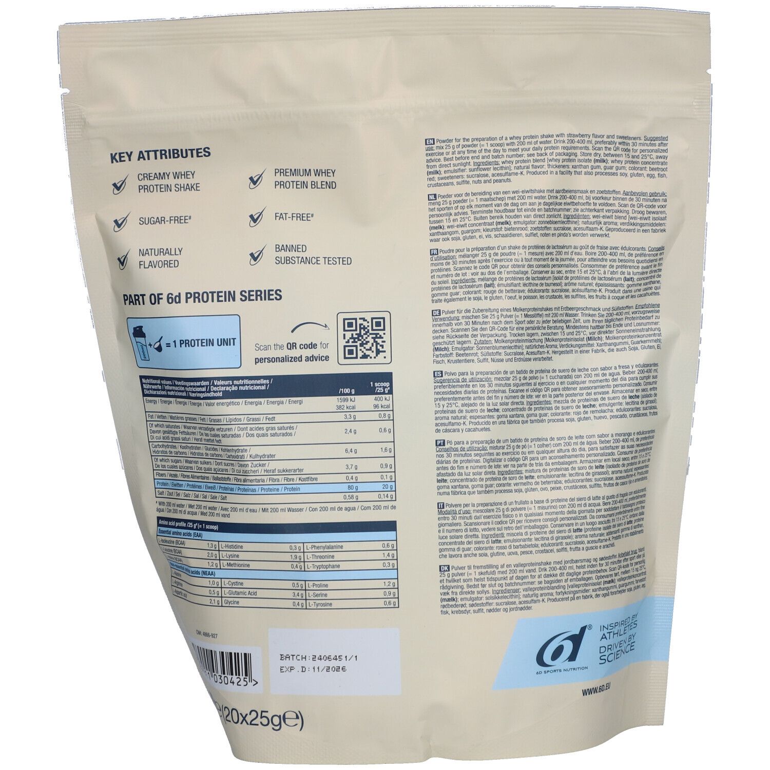 Achterkant van de zak. Tekst: Key Attributes, Creamy Whey Protein Shake, Suikervrij, Natuurlijk gearomatiseerd, Premium Whey Protein Blend, Vetvrij, Getest op verboden stoffen.