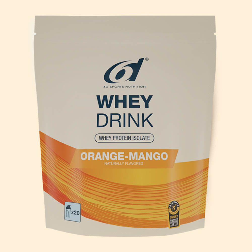 Sachet de 6d Sports Nutrition Whey Drink Orange-Mangue. Logo, nom du produit, saveur et certifications visibles.