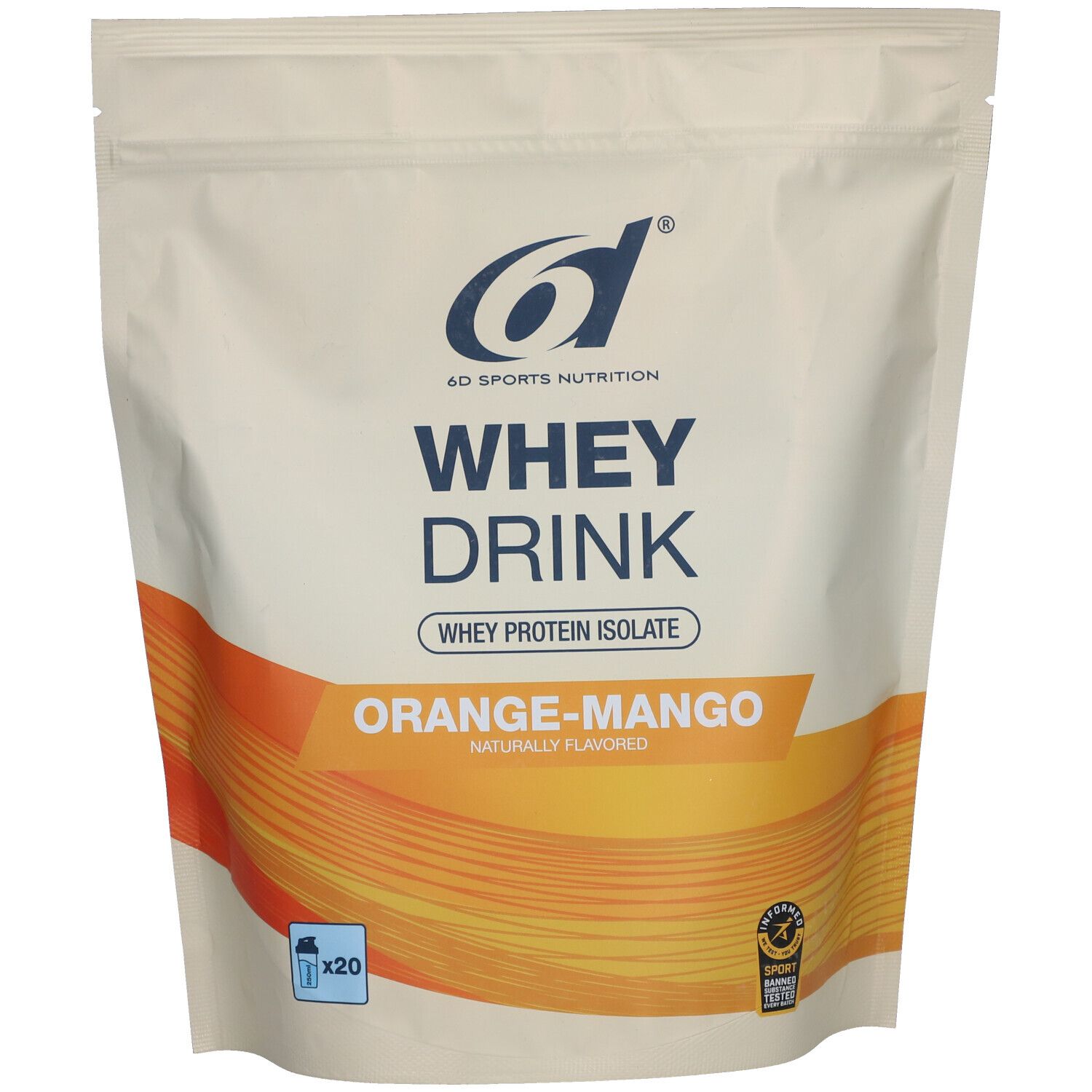 Sachet de 6d Sports Nutrition Whey Drink Orange-Mangue. Logo, nom du produit, saveur et certifications visibles.