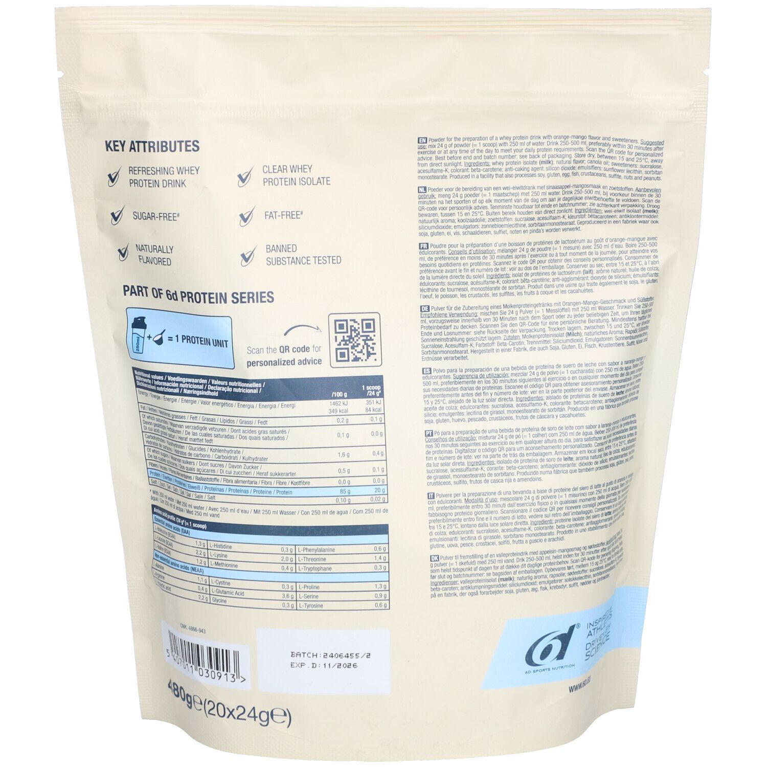 Dos du sachet avec informations sur 6d Sports Nutrition Whey Drink. Informations nutritionnelles, ingrédients et QR code.