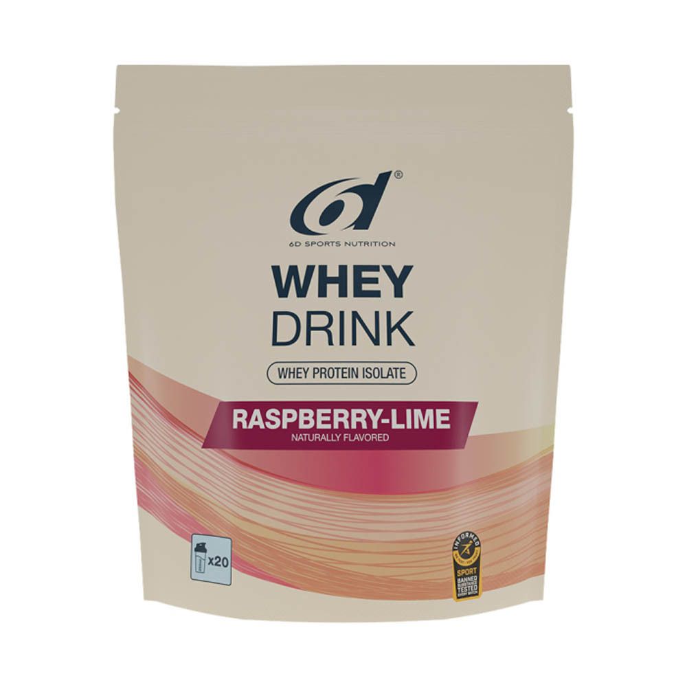 Sachet de Whey Drink saveur framboise-citron vert. Marque 6d Sports Nutrition. Contient un logo de certification.