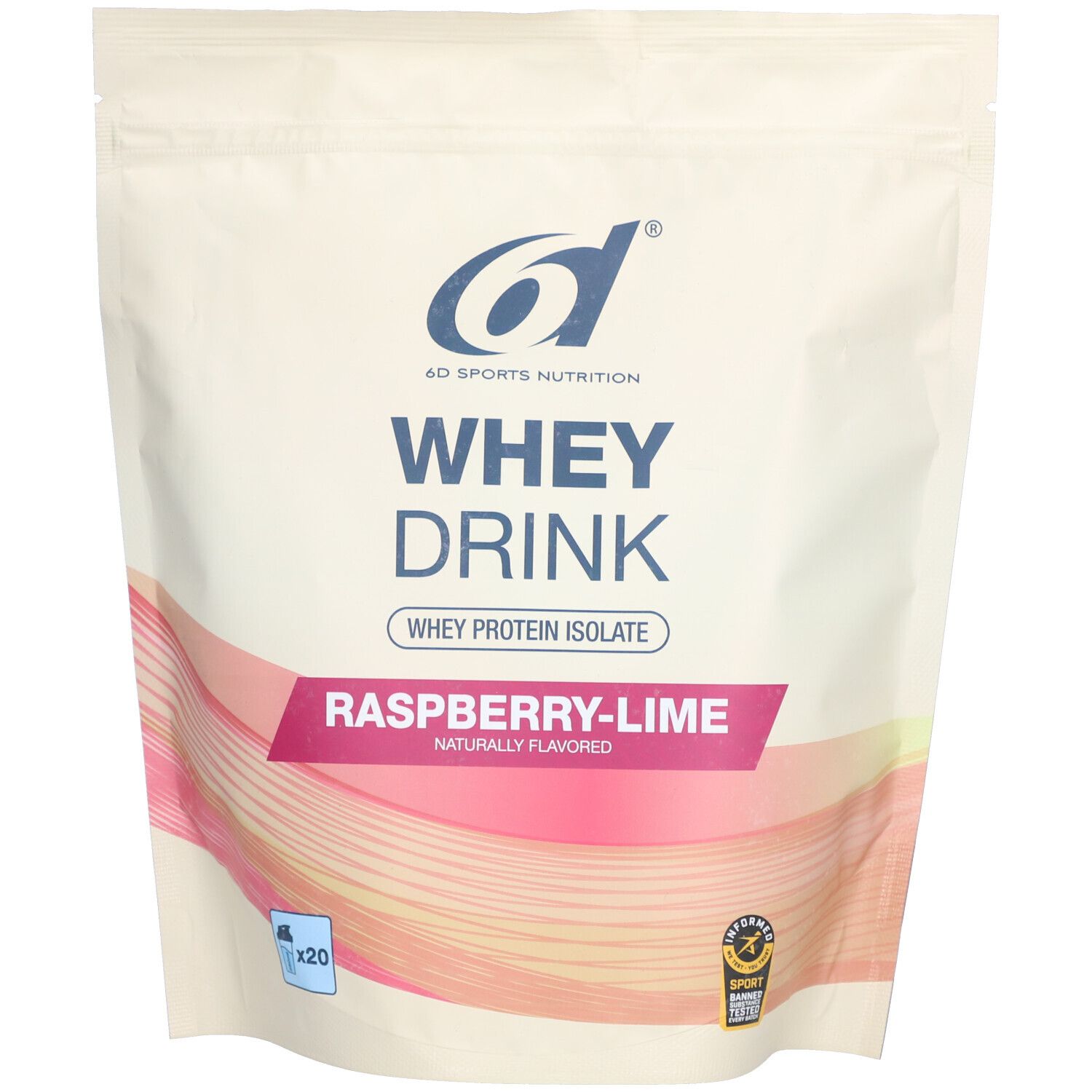Sachet de Whey Drink saveur framboise-citron vert. Marque 6d Sports Nutrition. Contient un logo de certification.