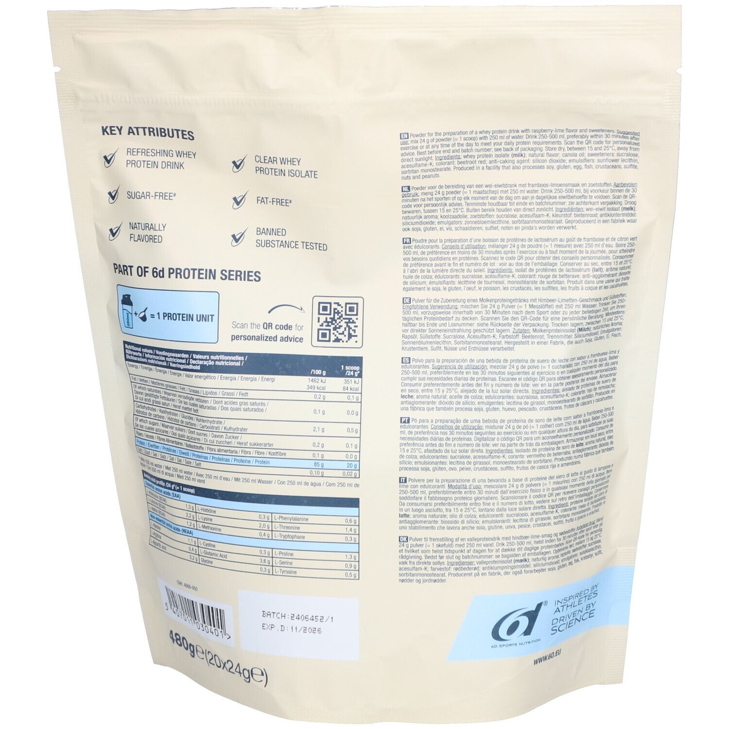 Dos du sachet de Whey Drink. Informations nutritionnelles, ingrédients et certifications.