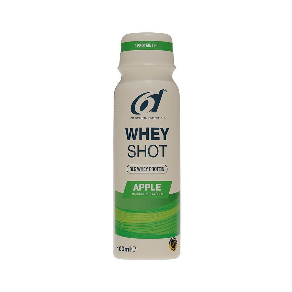 Fles 6d Sports Nutrition Whey Shot Appel. Wit-groen ontwerp, logo, productnaam, 100ml.