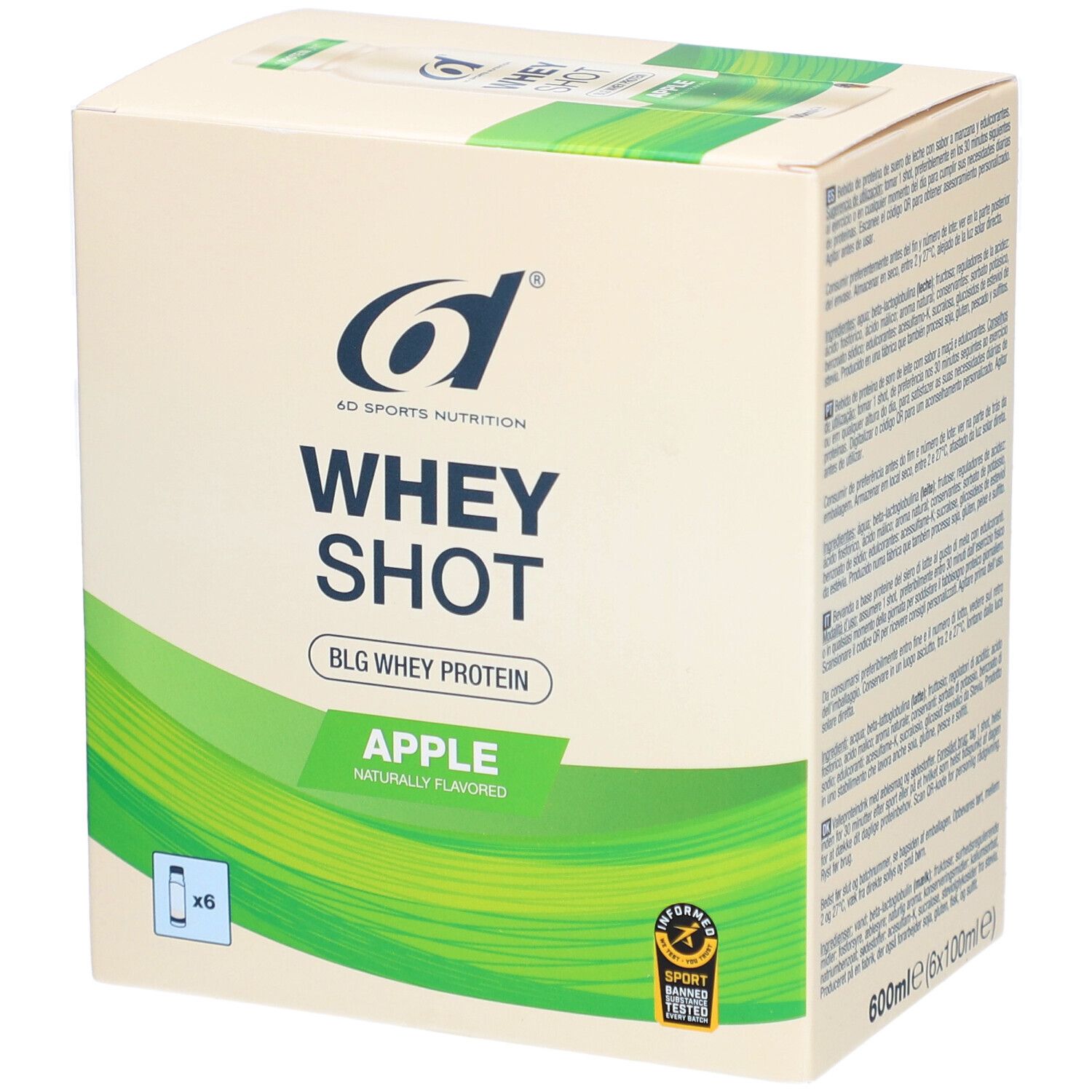 Doos van 6d Sports Nutrition Whey Shot Appel. Groen-wit ontwerp, logo, productnaam en voedingsinformatie.