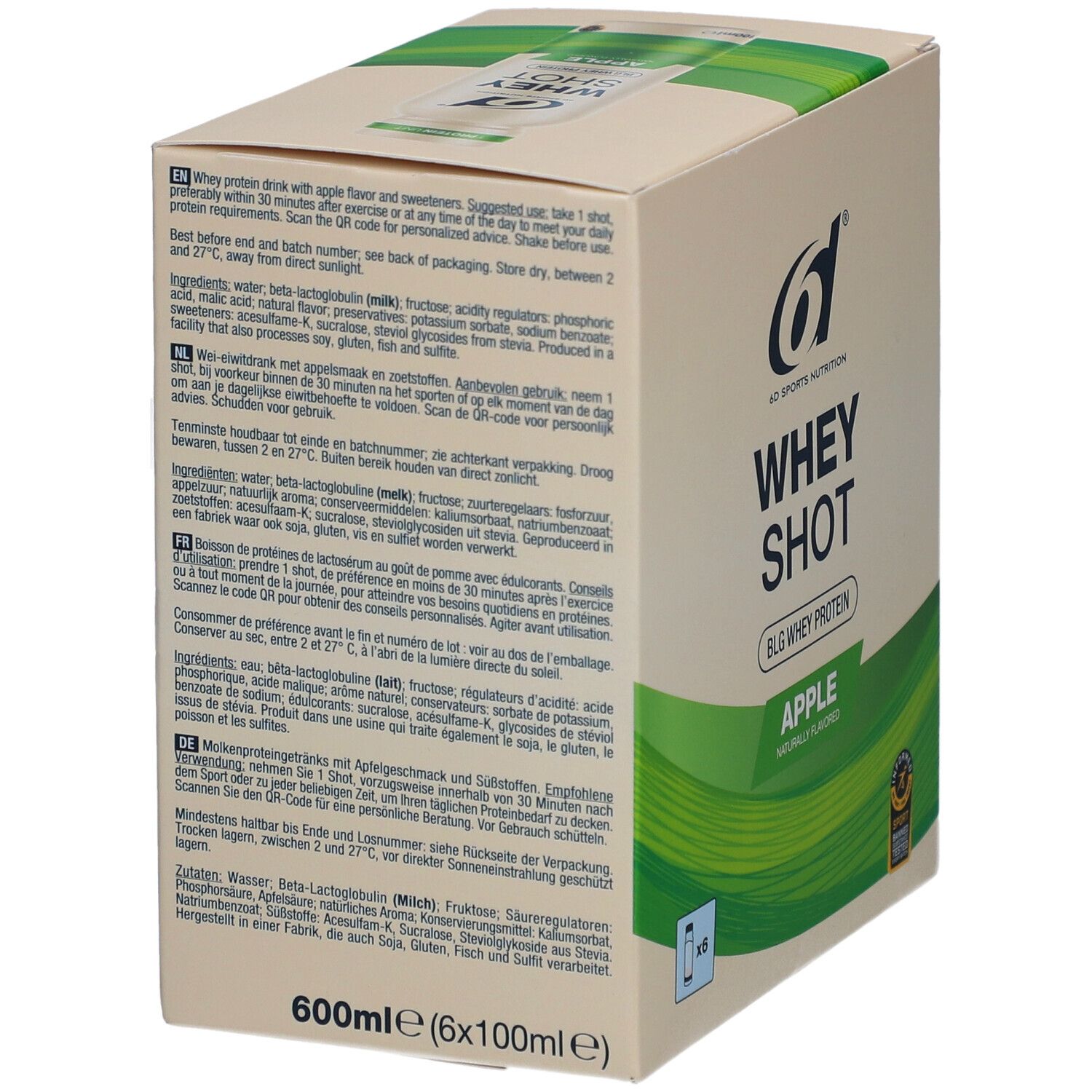 Achterkant van de 6d Sports Nutrition Whey Shot Appel verpakking. Meertalige tekst, ingrediënten, QR-code.