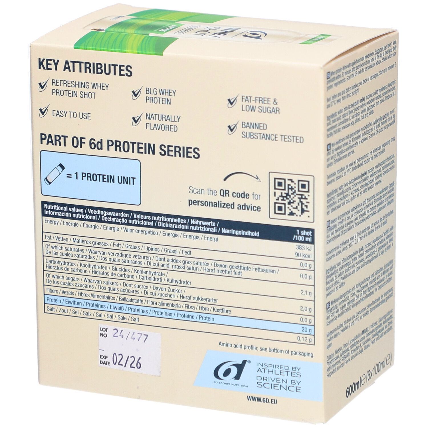 Achterkant van de 6d Sports Nutrition Whey Shot verpakking. Voedingswaarde, QR-code, houdbaarheidsdatum, logo.