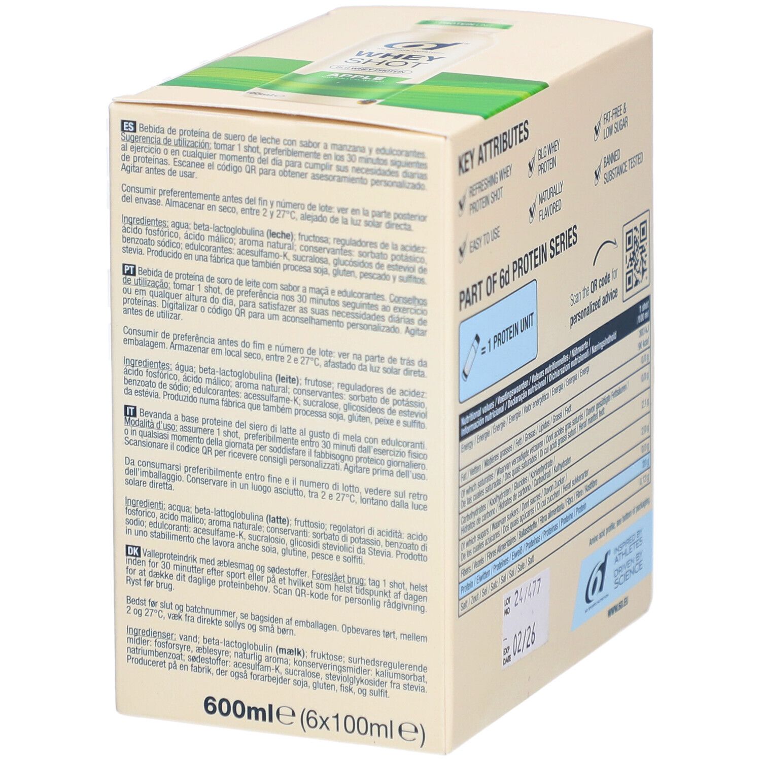 Achterkant van de 6d Sports Nutrition Whey Shot verpakking. Meertalige tekst, ingrediënten, QR-code.