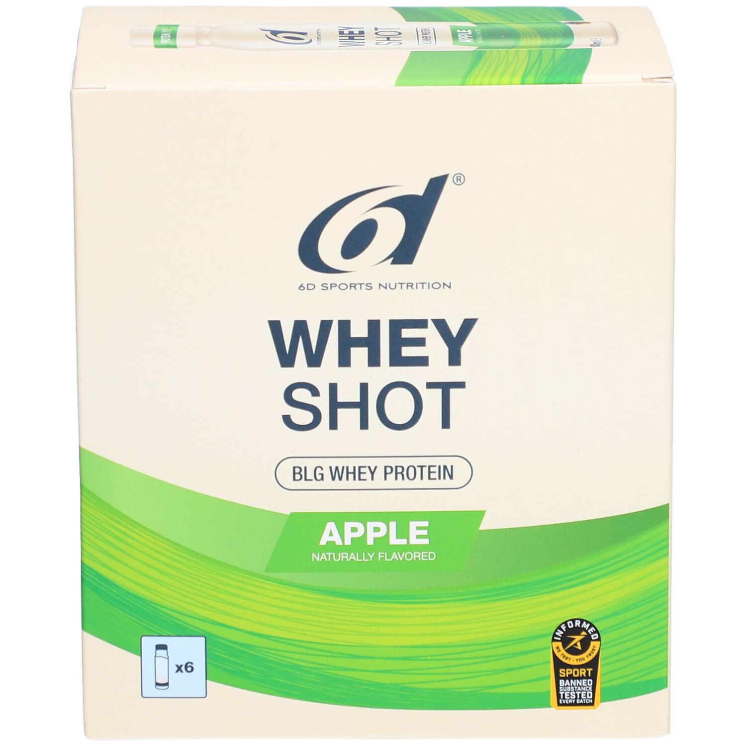 Doos van 6d Sports Nutrition Whey Shot Appel. Groen-wit ontwerp, logo, productnaam en voedingsinformatie.