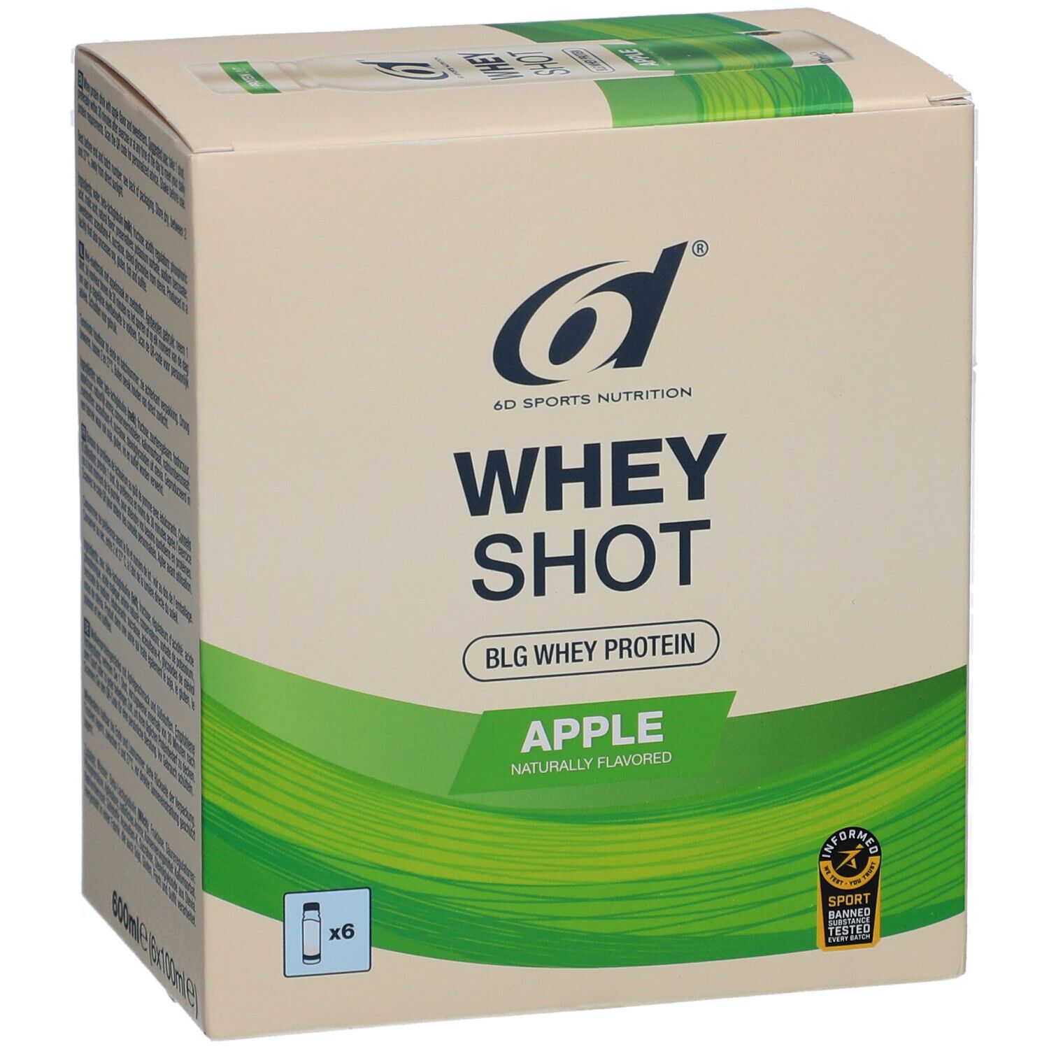 Doos van 6d Sports Nutrition Whey Shot Appel. Groen-wit ontwerp, logo, productnaam en voedingsinformatie.
