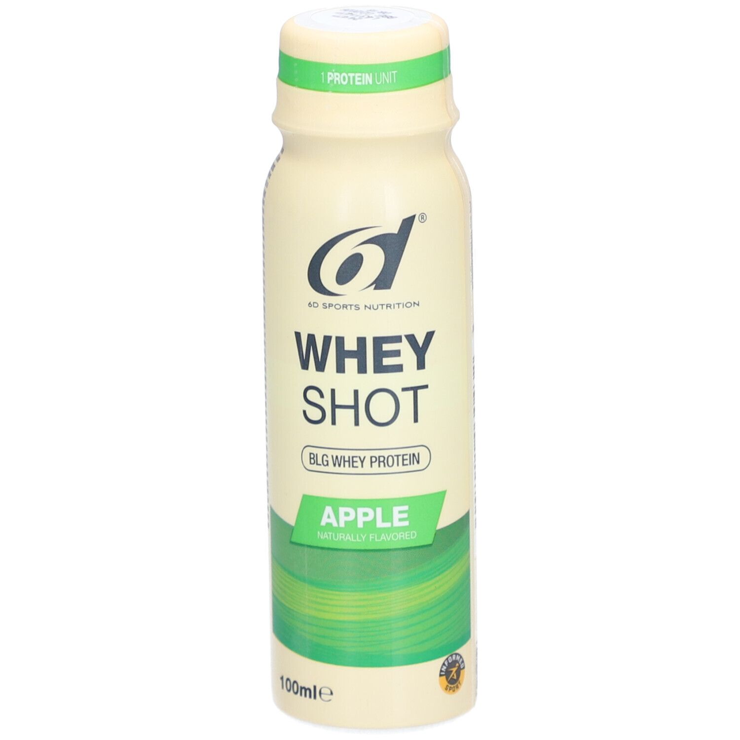 Beige Flasche mit grünem Etikett. Aufschrift: Whey Shot, Apple, 6d Sports Nutrition. Oben: 1 Protein Unit.