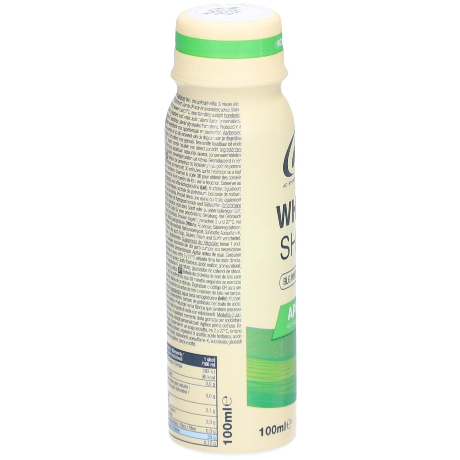 Beige Flasche mit Text. Rückseite mit Text und Nährwertangaben. Aufschrift: 100ml.
