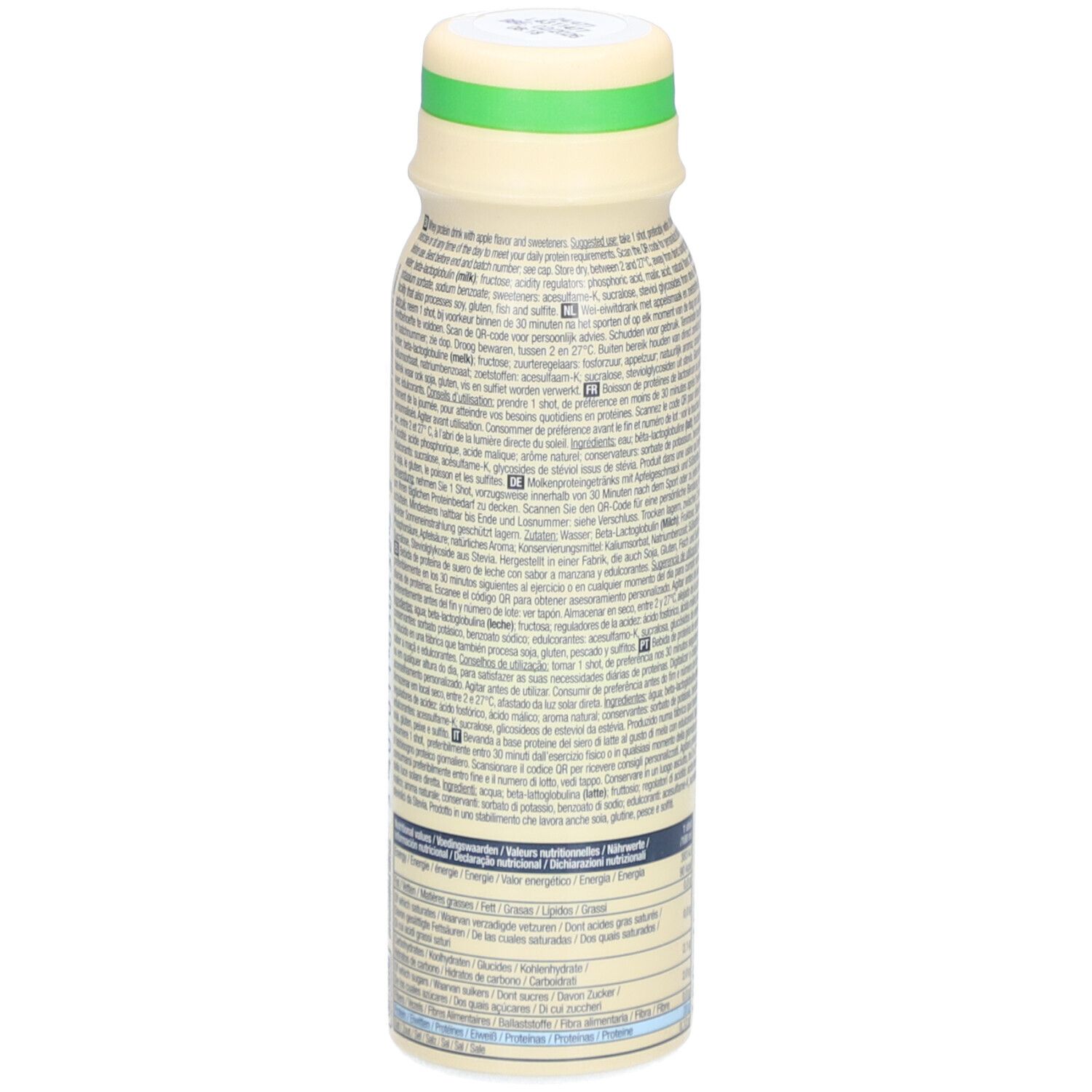 Beige Flasche mit Text und Nährwertangaben. Aufschrift: 100ml. Rückseite mit Text.