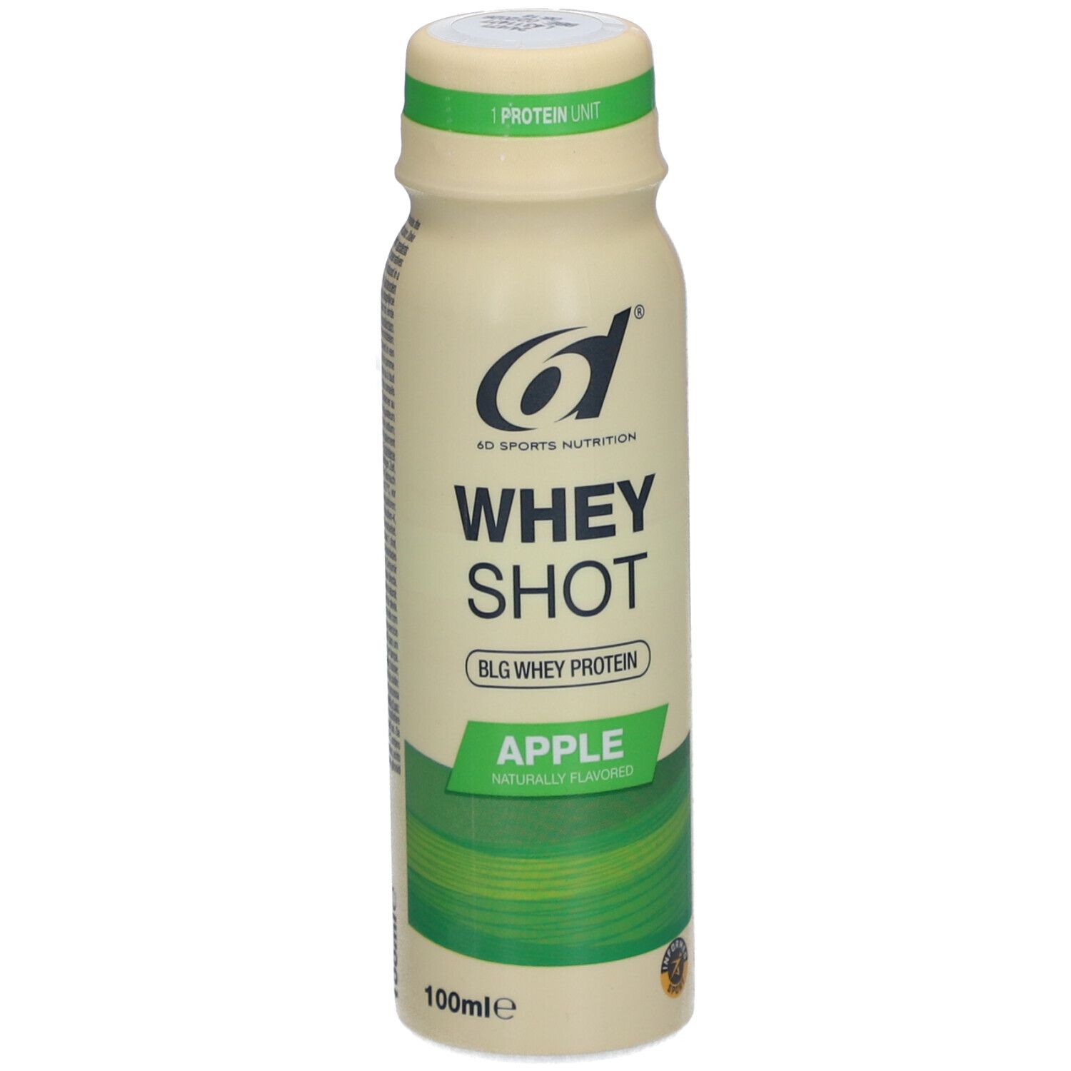 Beige Flasche mit grünem Etikett. Aufschrift: Whey Shot, Apple, 6d Sports Nutrition. Oben: 1 Protein Unit.
