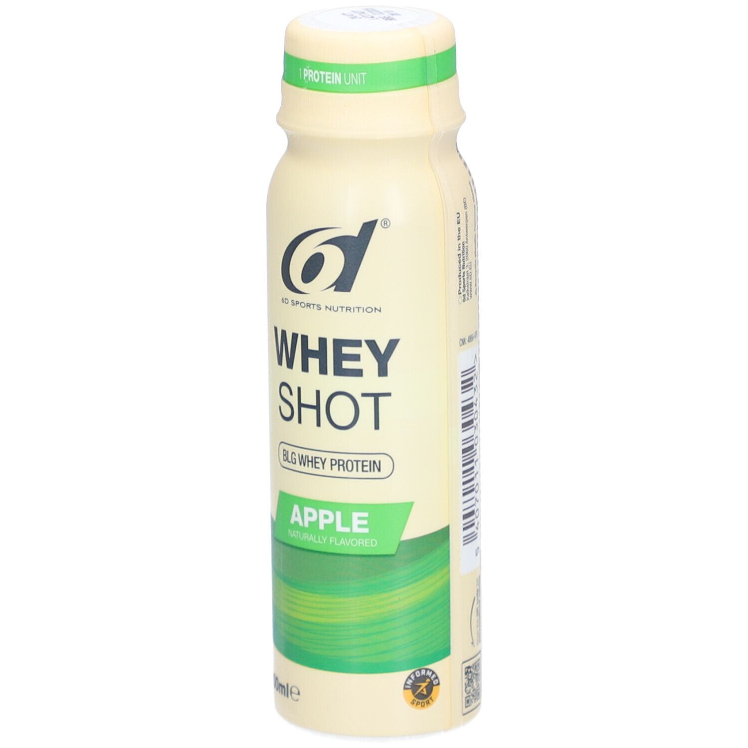 Beige Flasche mit grünem Etikett. Aufschrift: Whey Shot, Apple, 6d Sports Nutrition. Oben: 1 Protein Unit.
