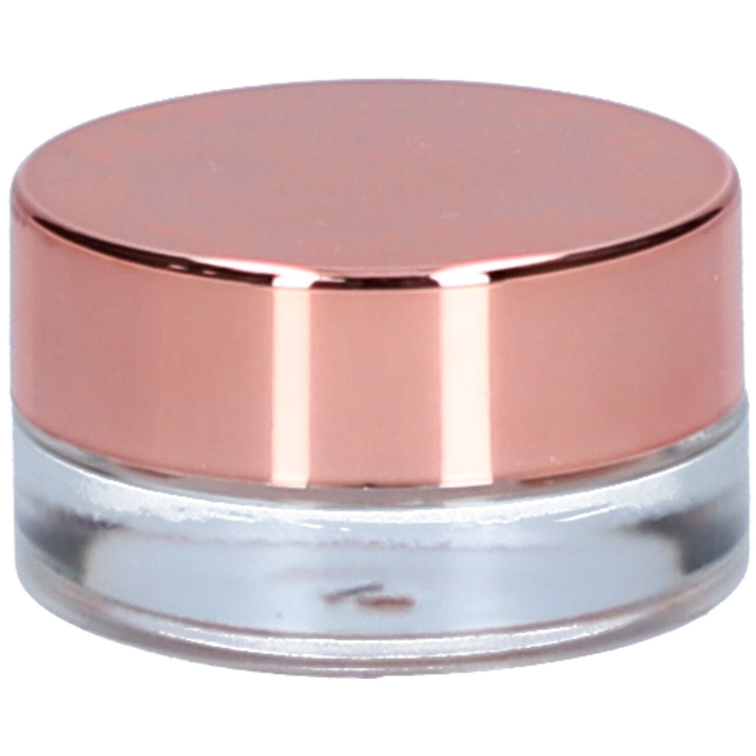 Kleiner, runder Tiegel mit roségoldfarbenem Deckel und transparentem Glasbehälter.