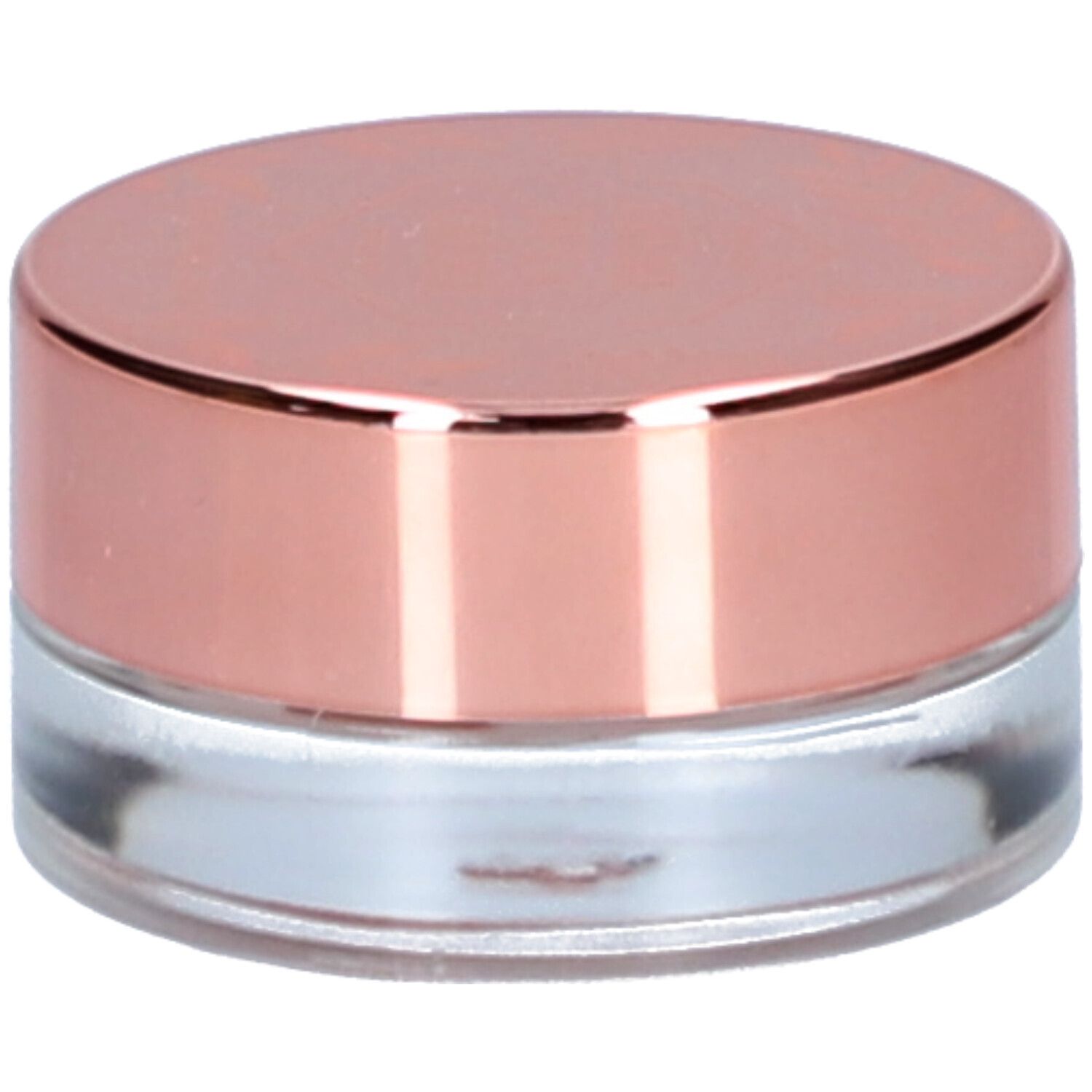 Kleiner, runder Tiegel mit roségoldfarbenem Deckel und transparentem Glasbehälter.