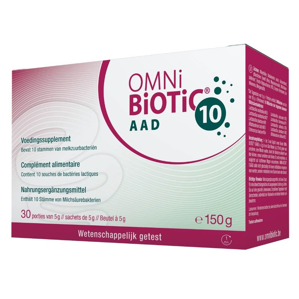 Achterkant van de OMNi BiOTiC AAD 10 doos. Bevat informatie over ingrediënten en gebruik. Tekst in het Duits, Nederlands en Frans.