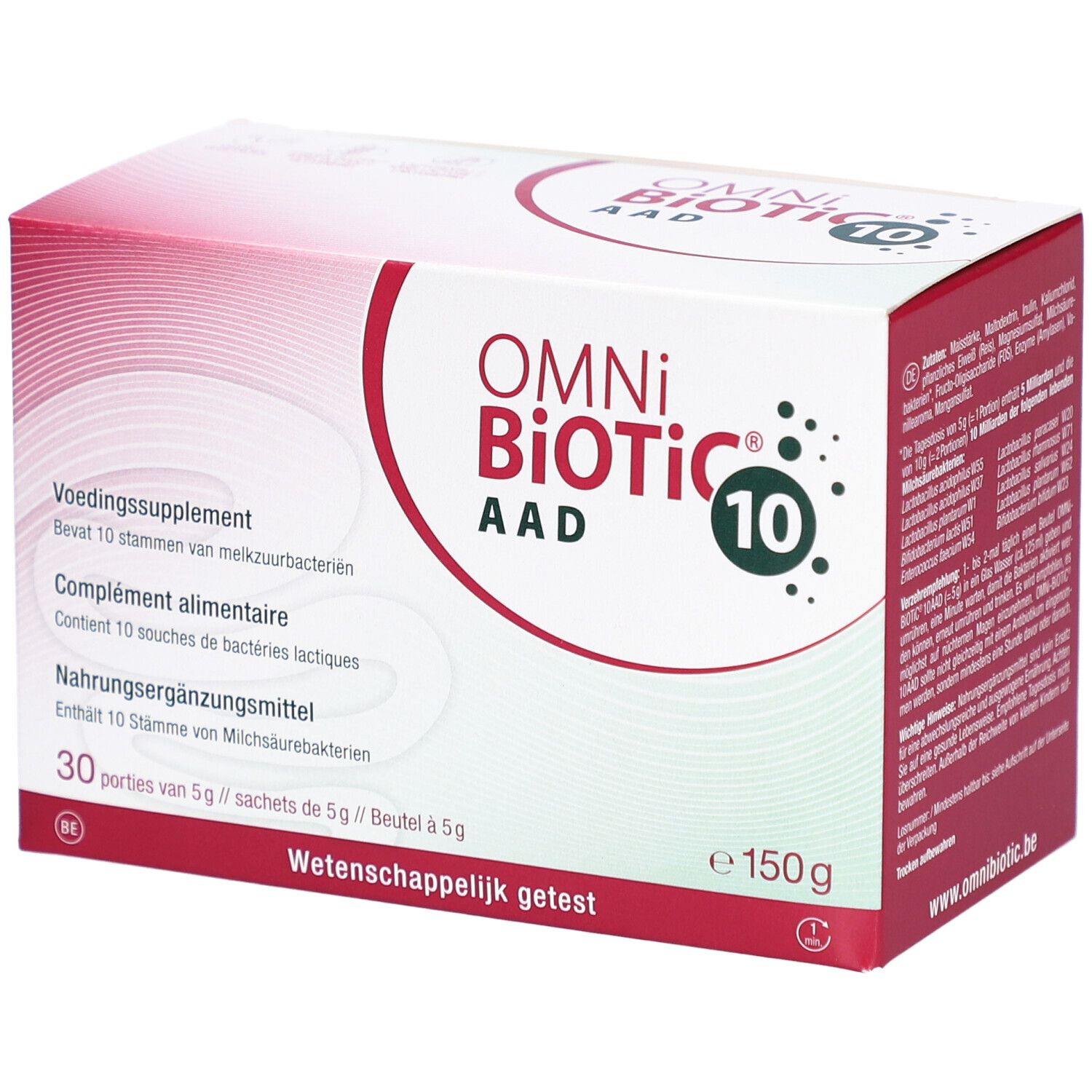 Boîte blanche et rouge OMNi BiOTiC AAD 10. Contient 30 sachets. Inscription : Complément alimentaire. Testé scientifiquement.
