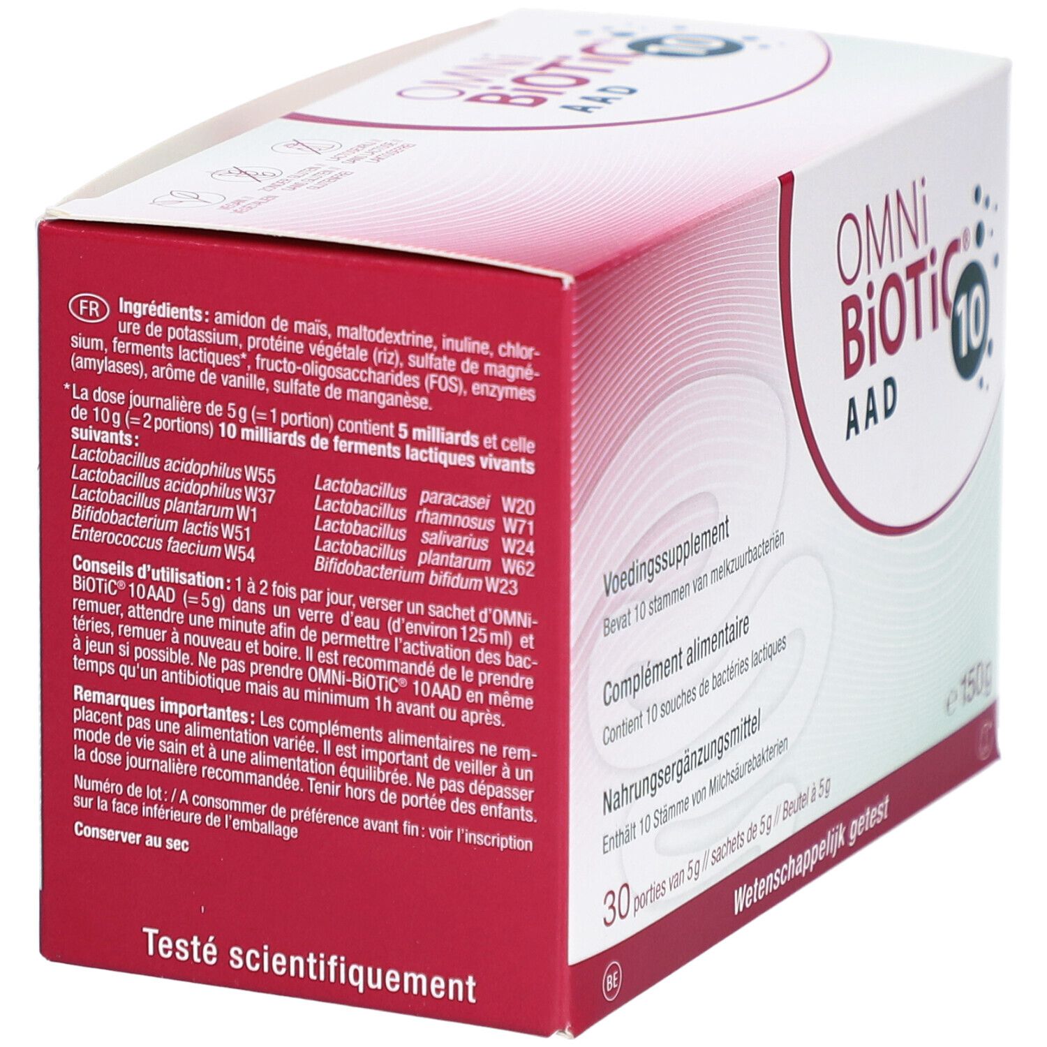 Dos de la boîte OMNi BiOTiC AAD 10. Contient des informations sur les ingrédients et l'utilisation. Texte en allemand, néerlandais et français.