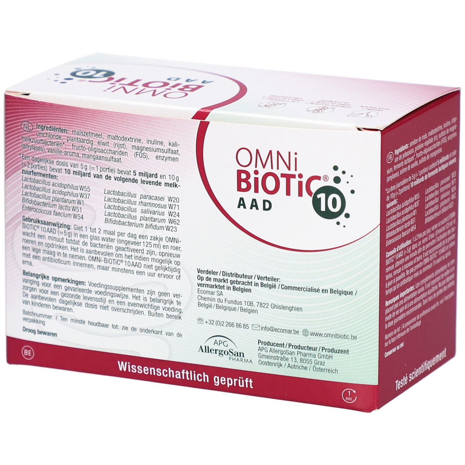 Dos de la boîte OMNi BiOTiC AAD 10. Contient des informations sur les ingrédients et l'utilisation. Texte en allemand, néerlandais et français.