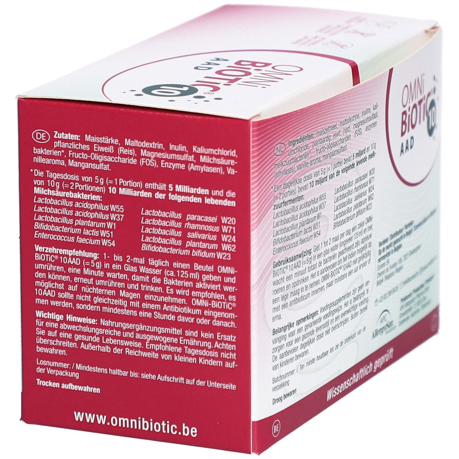 Dos de la boîte OMNi BiOTiC AAD 10. Contient des informations sur les ingrédients et l'utilisation. Texte en allemand, néerlandais et français.