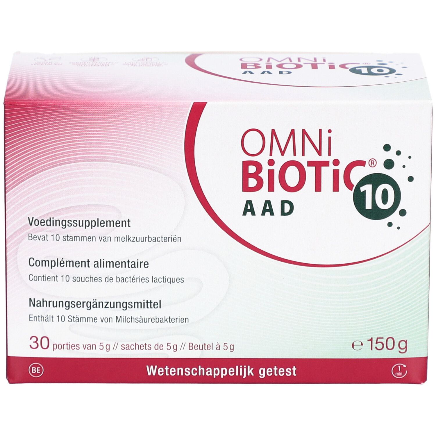 Boîte blanche et rouge OMNi BiOTiC AAD 10. Contient 30 sachets. Inscription : Complément alimentaire. Testé scientifiquement.