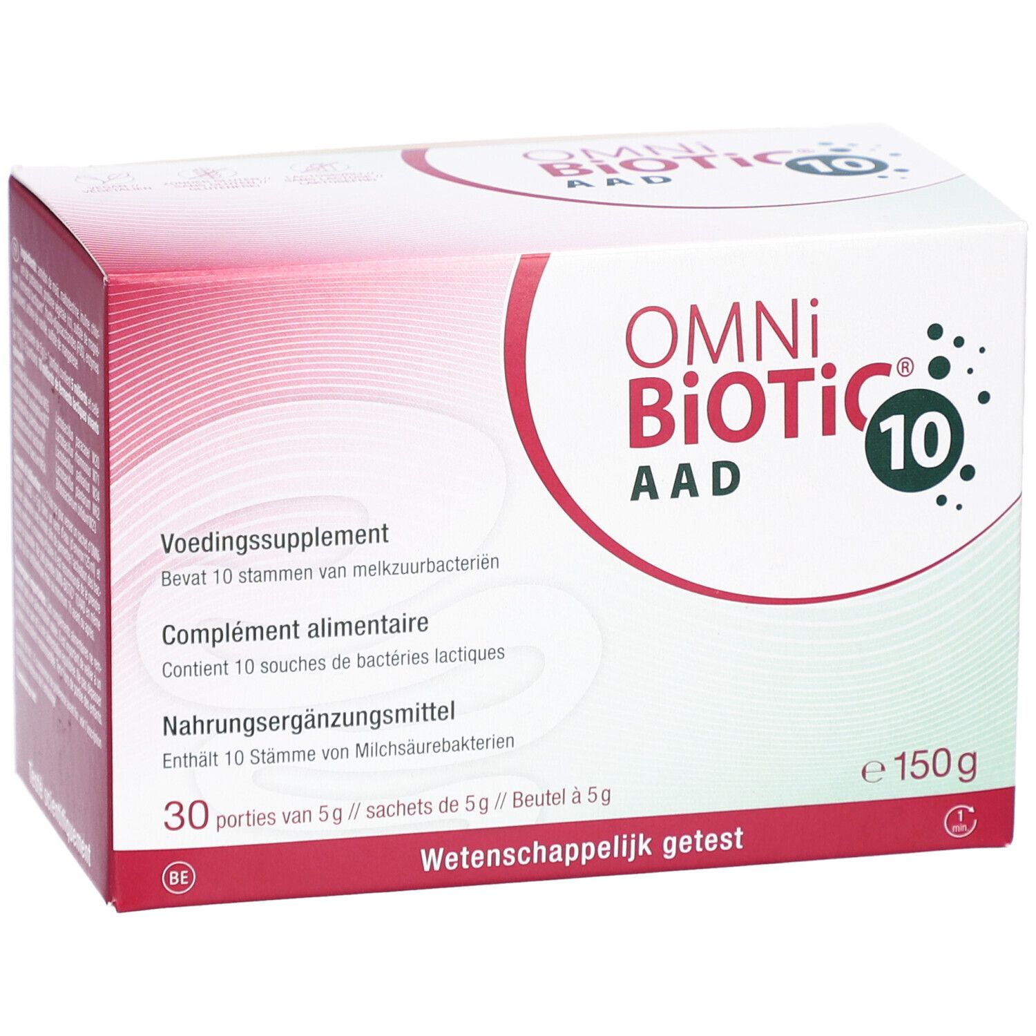Boîte blanche et rouge OMNi BiOTiC AAD 10. Contient 30 sachets. Inscription : Complément alimentaire. Testé scientifiquement.