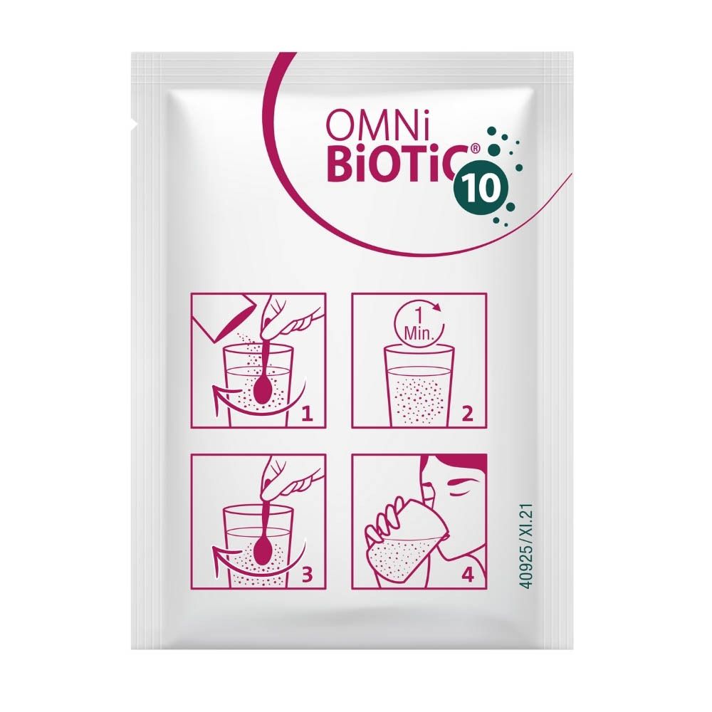 Enkele verpakking OMNi BiOTiC AAD 10. Instructies in vier stappen: poeder in water, 1 minuut wachten, roeren, drinken.