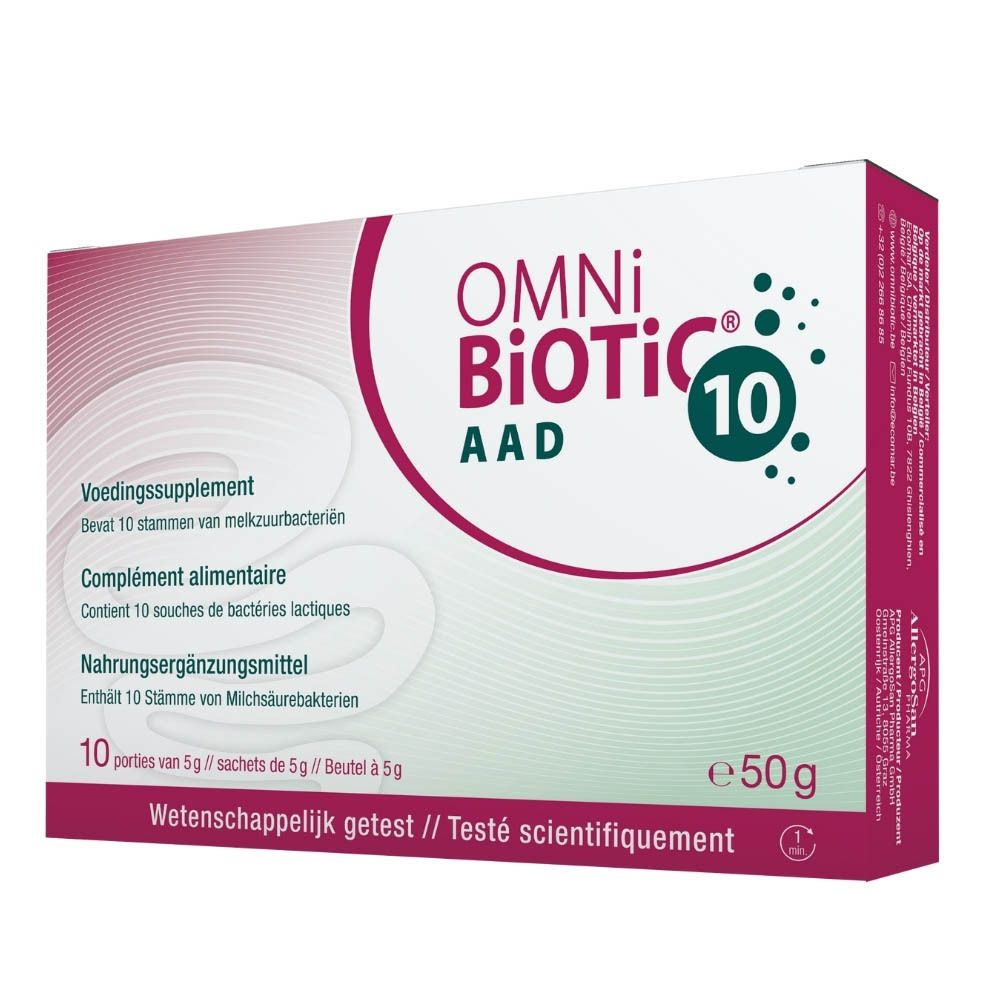 Verpakking OMNi-BiOTiC 10. Bevat 10 zakjes. Opschrift: Voedingssupplement. Wetenschappelijk getest.