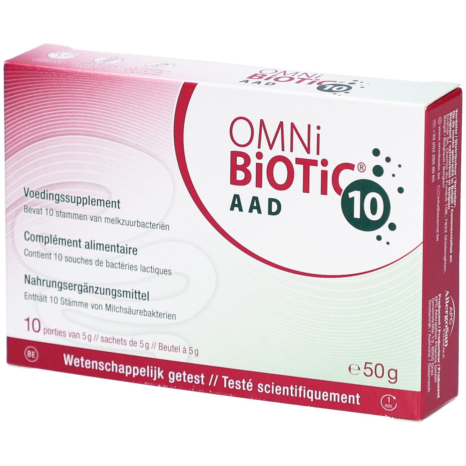 Boîte OMNi-BiOTiC 10. Contient 10 sachets. Inscription: Complément alimentaire. Testé scientifiquement.