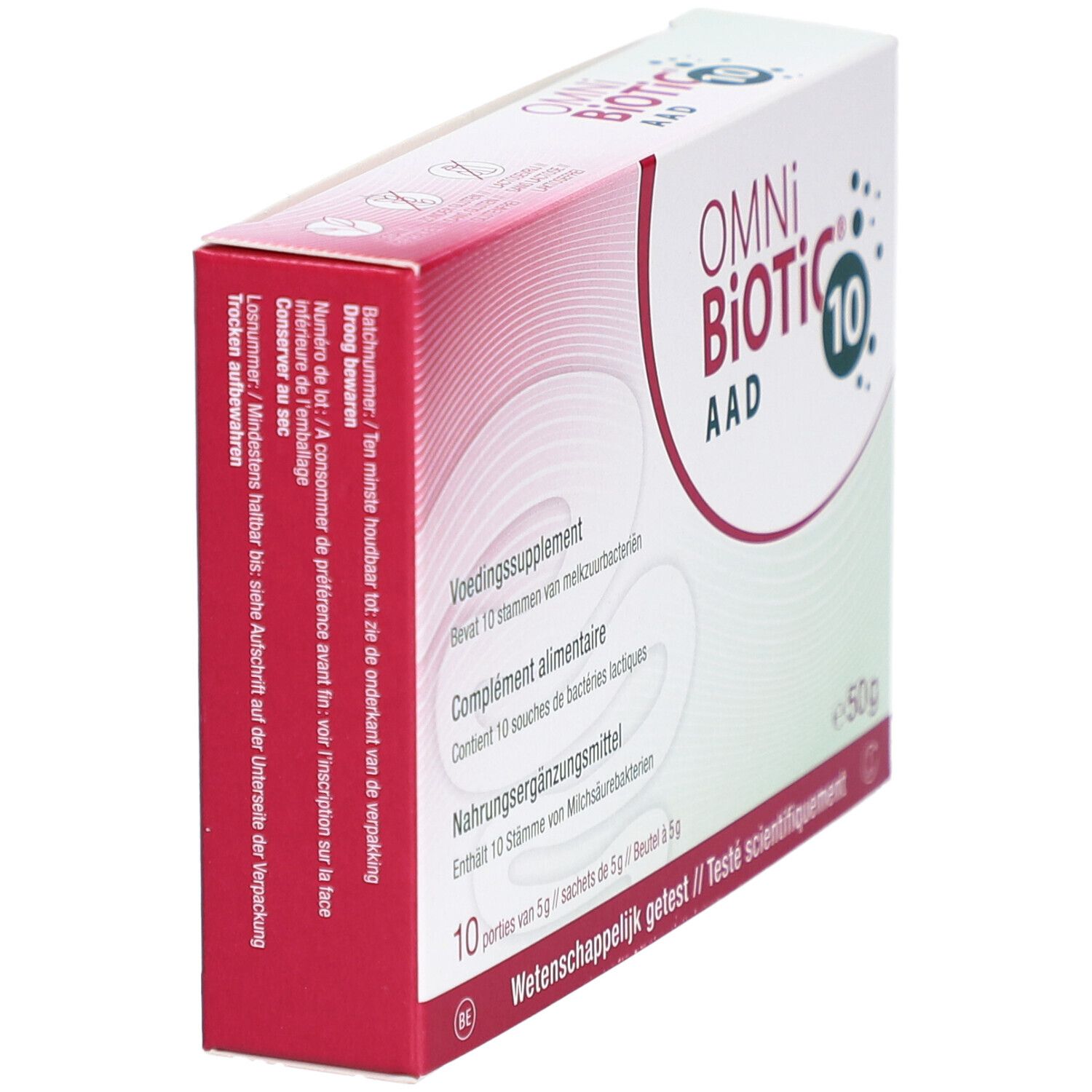 Vue oblique de l'emballage OMNi-BiOTiC 10. Couleurs rouge et blanc. Texte: Complément alimentaire, testé scientifiquement.