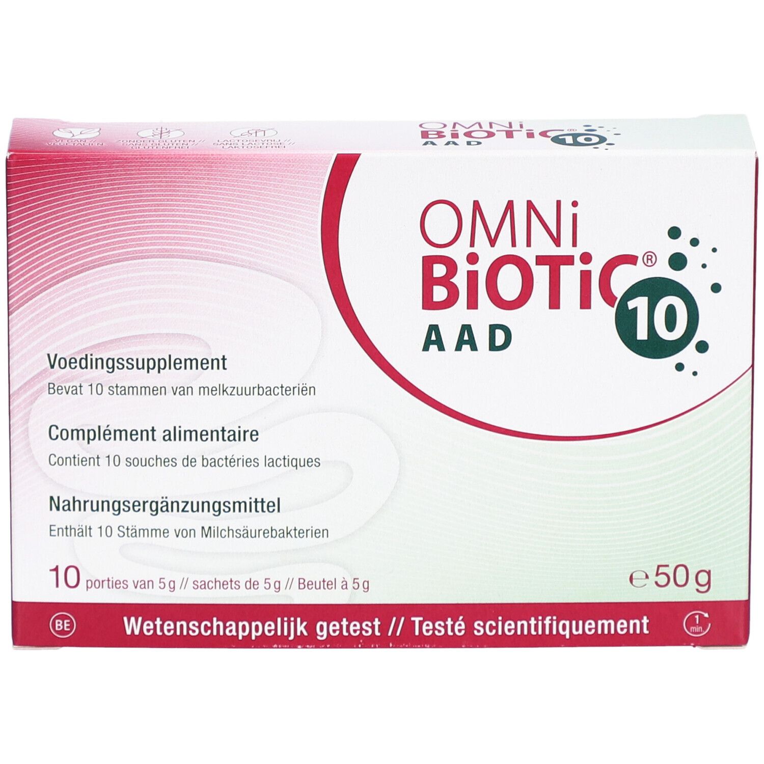 Emballage OMNi-BiOTiC 10. Contient 10 sachets. Inscription: Complément alimentaire. Testé scientifiquement.