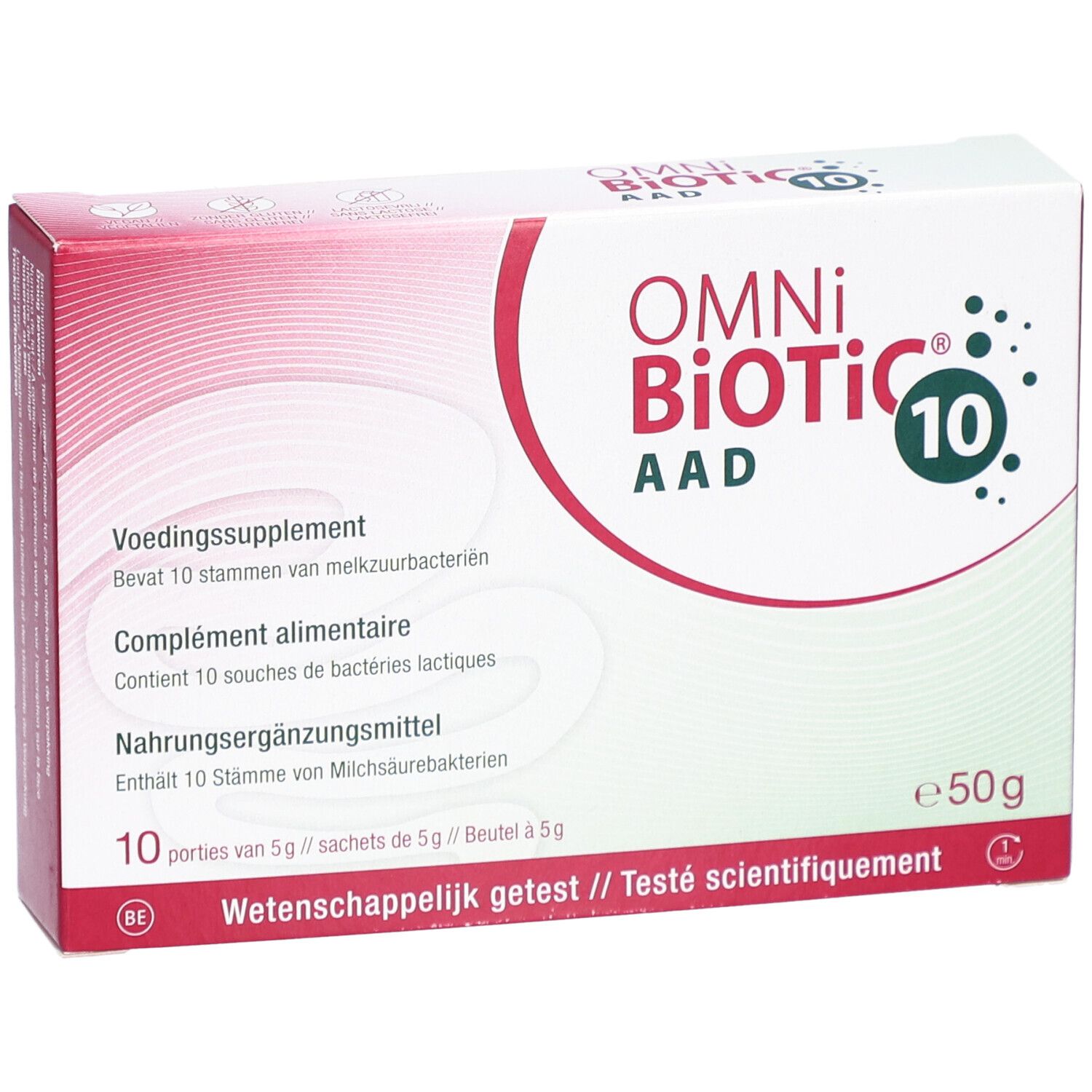 Emballage OMNi-BiOTiC 10. Contient 10 sachets. Inscription: Complément alimentaire. Testé scientifiquement.