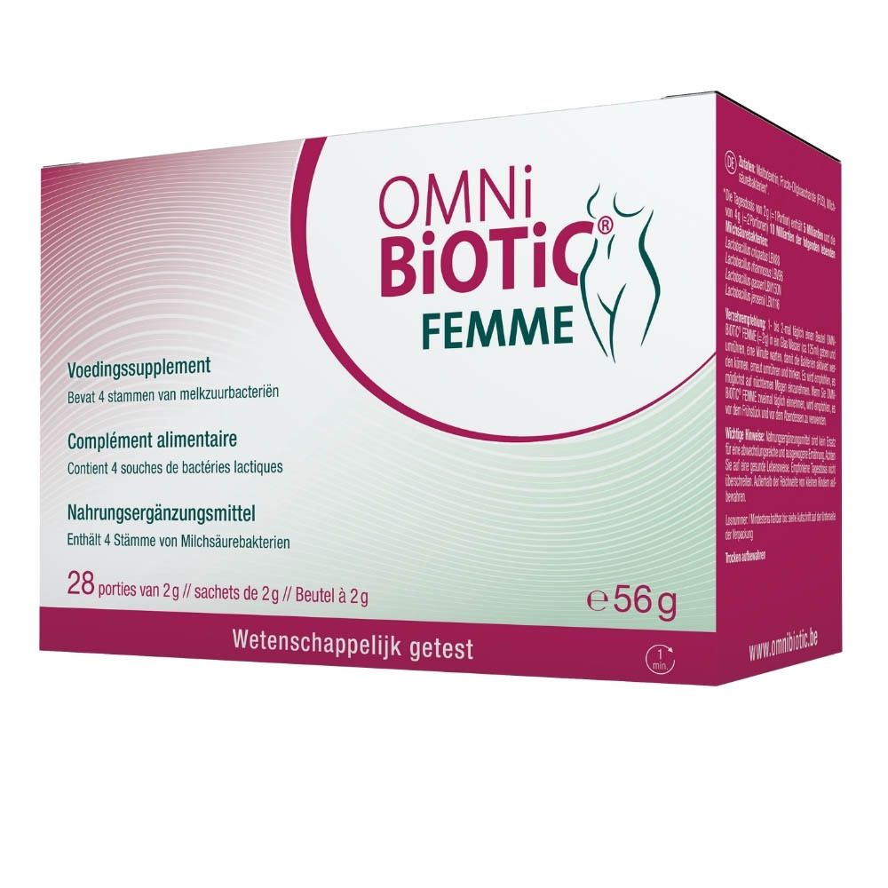 Omni-Biotic Femme-verpakking. Rode en witte doos met productnaam en logo. Bevat 28 zakjes.