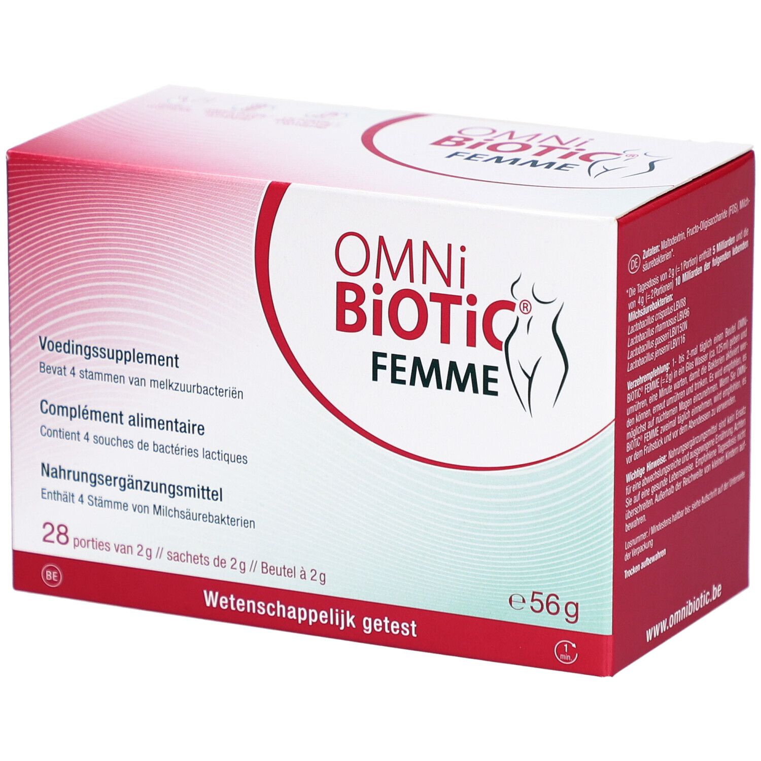 Omni-Biotic Femme-verpakking. Rode en witte doos met productnaam en logo. Bevat 28 zakjes.