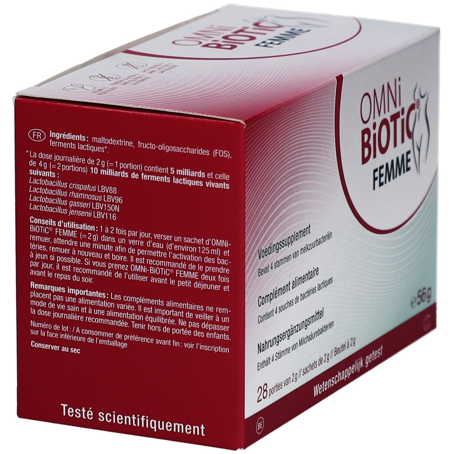 Omni-Biotic Femme-verpakking. Achterkant met ingrediënten en gebruiksaanwijzing. Wetenschappelijk getest.