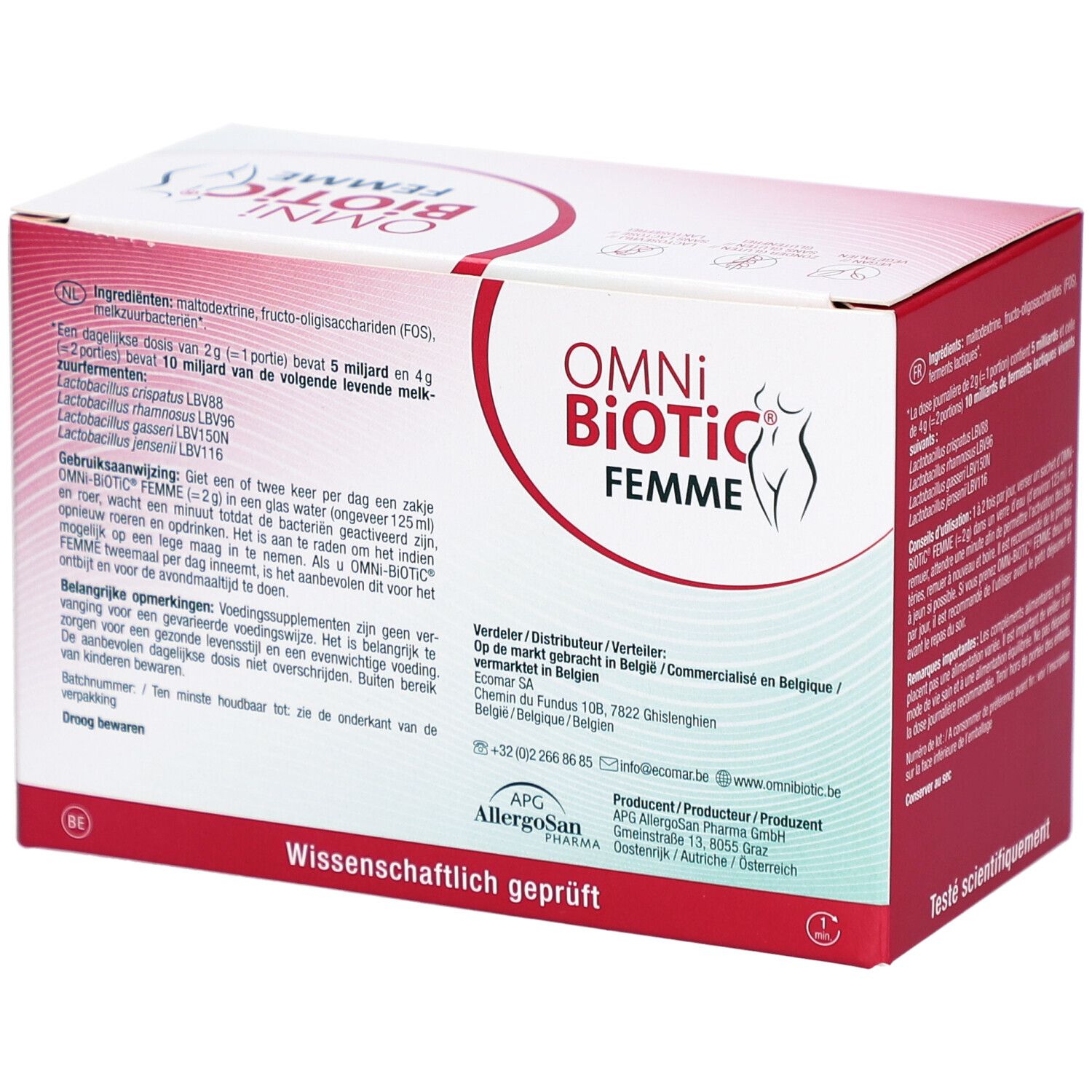 Omni-Biotic Femme-verpakking. Zijaanzicht met ingrediënten en fabrikantinfo. Wetenschappelijk getest.