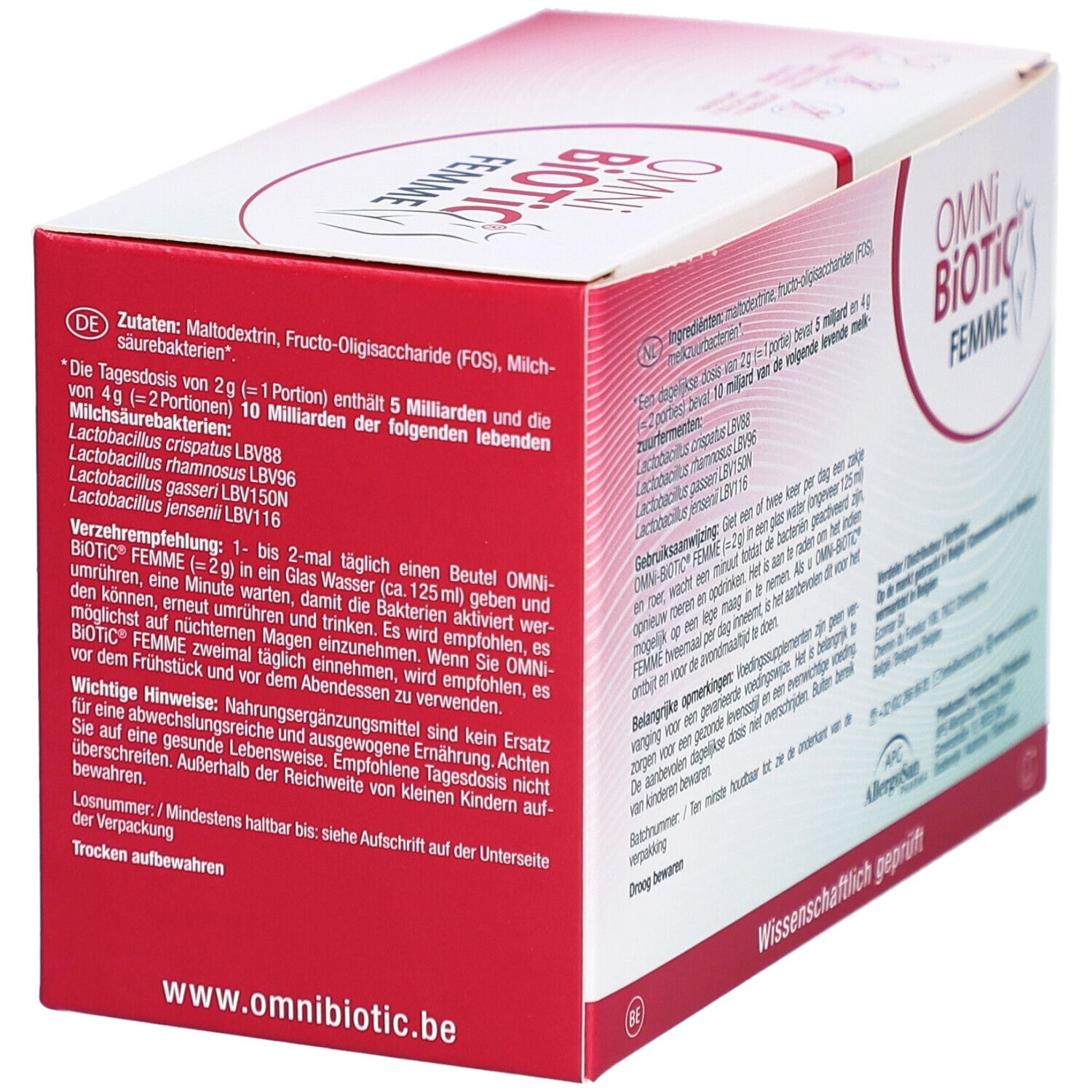 Omni-Biotic Femme-verpakking. Zijaanzicht met ingrediënten en fabrikantinfo. Wetenschappelijk getest.