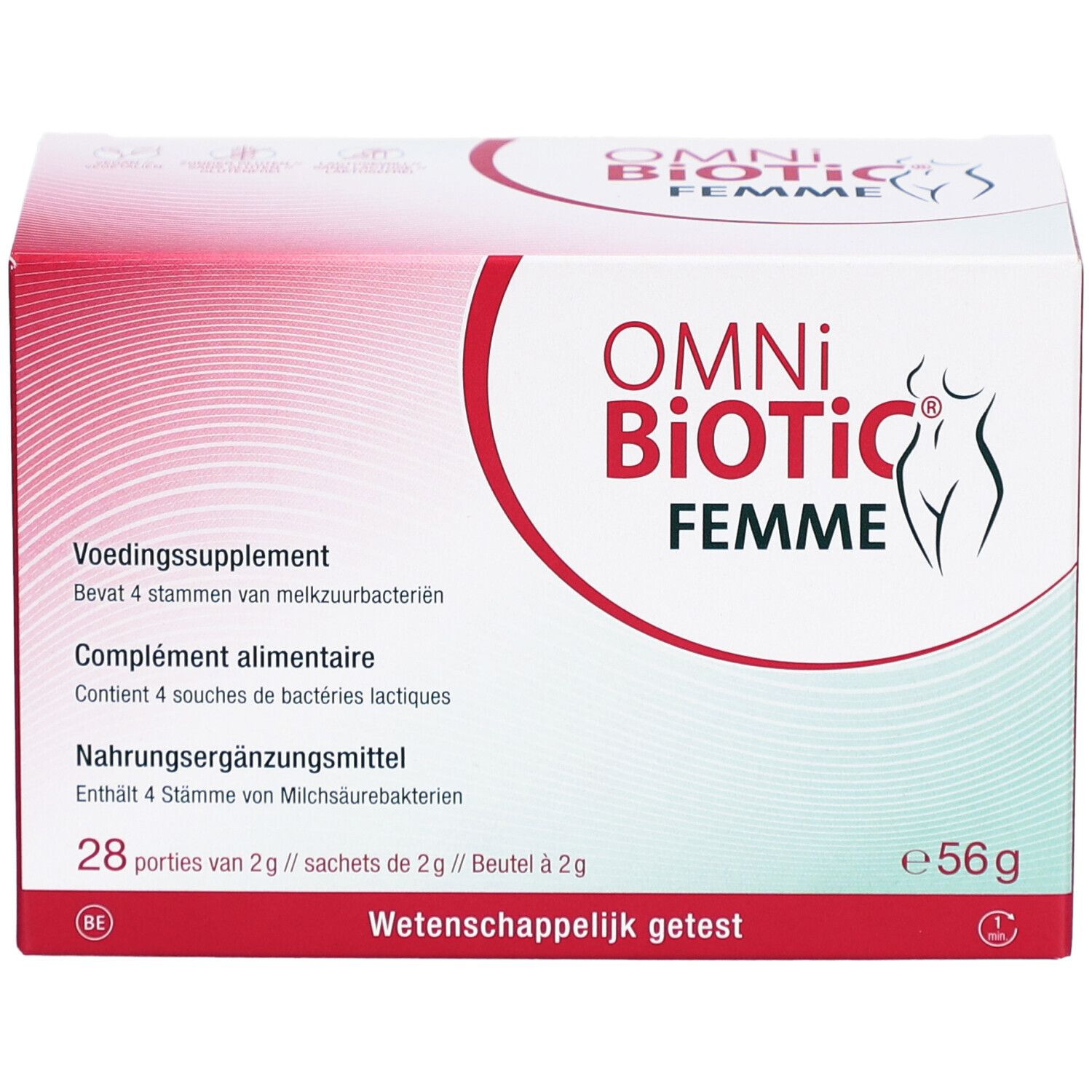 Omni-Biotic Femme-verpakking. Rode en witte doos met productnaam en logo. Bevat 28 zakjes.